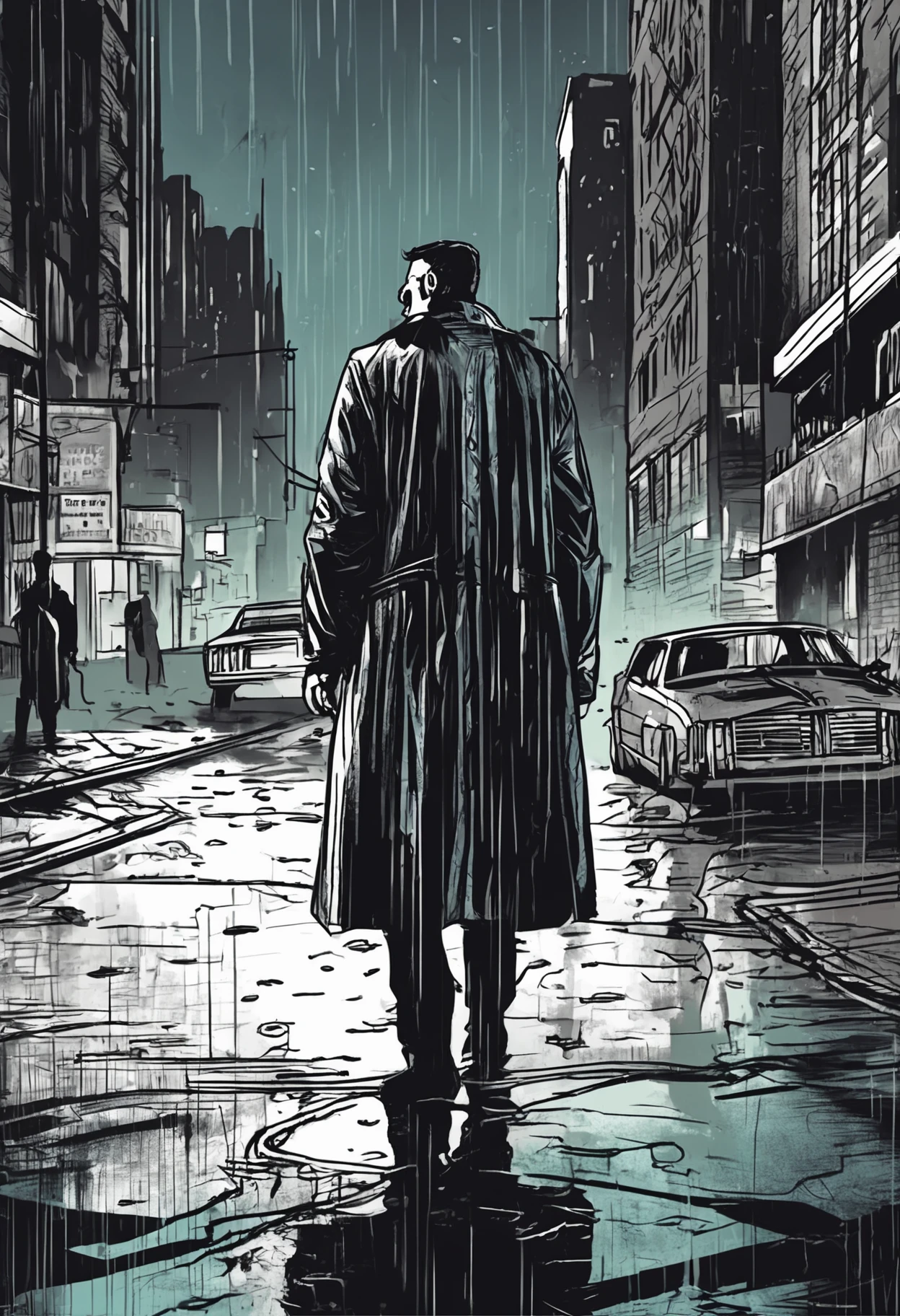 a man in a trench coat standing in the rain in a city, beaten city. neo noir style, beaten tech. neo noir style, neo noir style, drawn in a neo - noir style, cyberpunk noir, neo - noir style, bladerunner in the rain, neo noir, neo - noir setting, drawn in a noir style