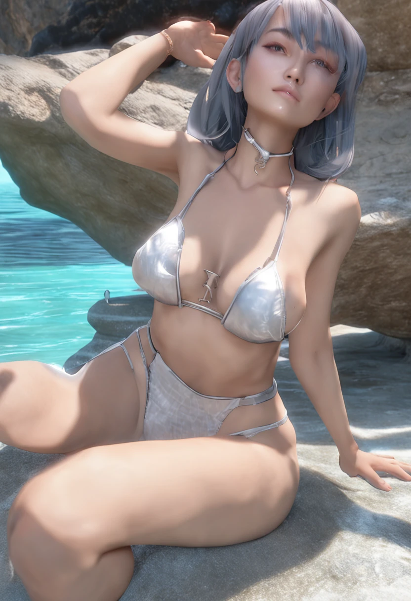 (nsfw:1.3), (8k, RAW photo, best quality, masterpiece: 1.4), ultra high resolution (realistic, lifelike: 1.48), 20 years old, cute girl, (Al See-through white micro bikini:1.48), (flat chest:2), famous Thai actor, (blue hair:1.4), short hair, (more hair than one eye:1.3), blue eyes, head tilt, cowboy side view, looking at viewer, emotionless, beautiful lake, whole body, feet, ultra wide-angle Zeiss 150mm f/ 2.8 Hasselblad