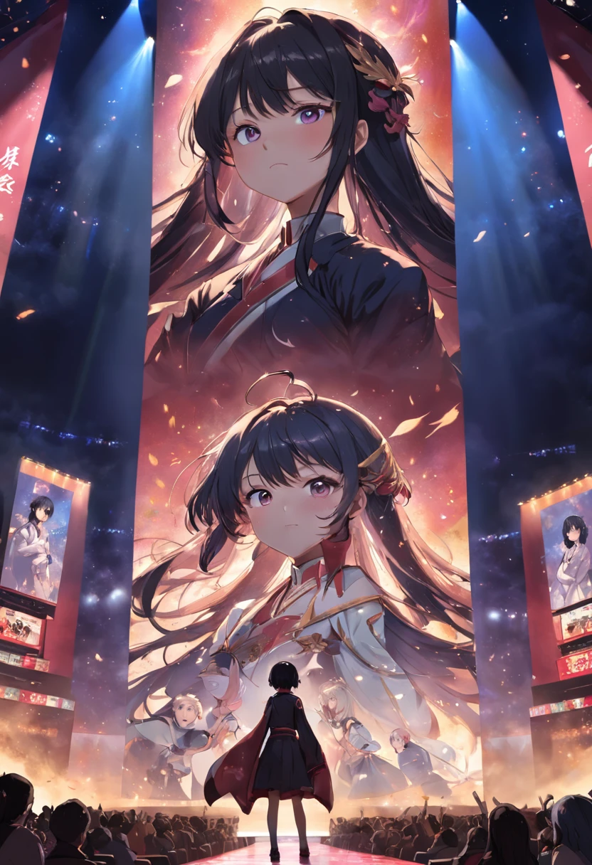 /imagine prompt: Lin Yu stands on the stage of an award ceremony, receiving applause and praise from the audience. The background of the stage is a large portrait of Lin Yu, surrounded by crowded spectators and media reporters, by Manhwa --niji 5