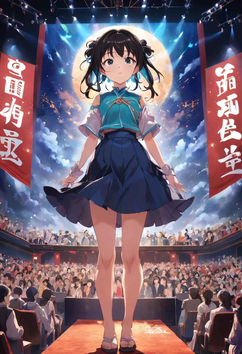 /imagine prompt: Lin Yu stands on the stage of an award ceremony, receiving applause and praise from the audience. The background of the stage is a large portrait of Lin Yu, surrounded by crowded spectators and media reporters, by Manhwa --niji 5
