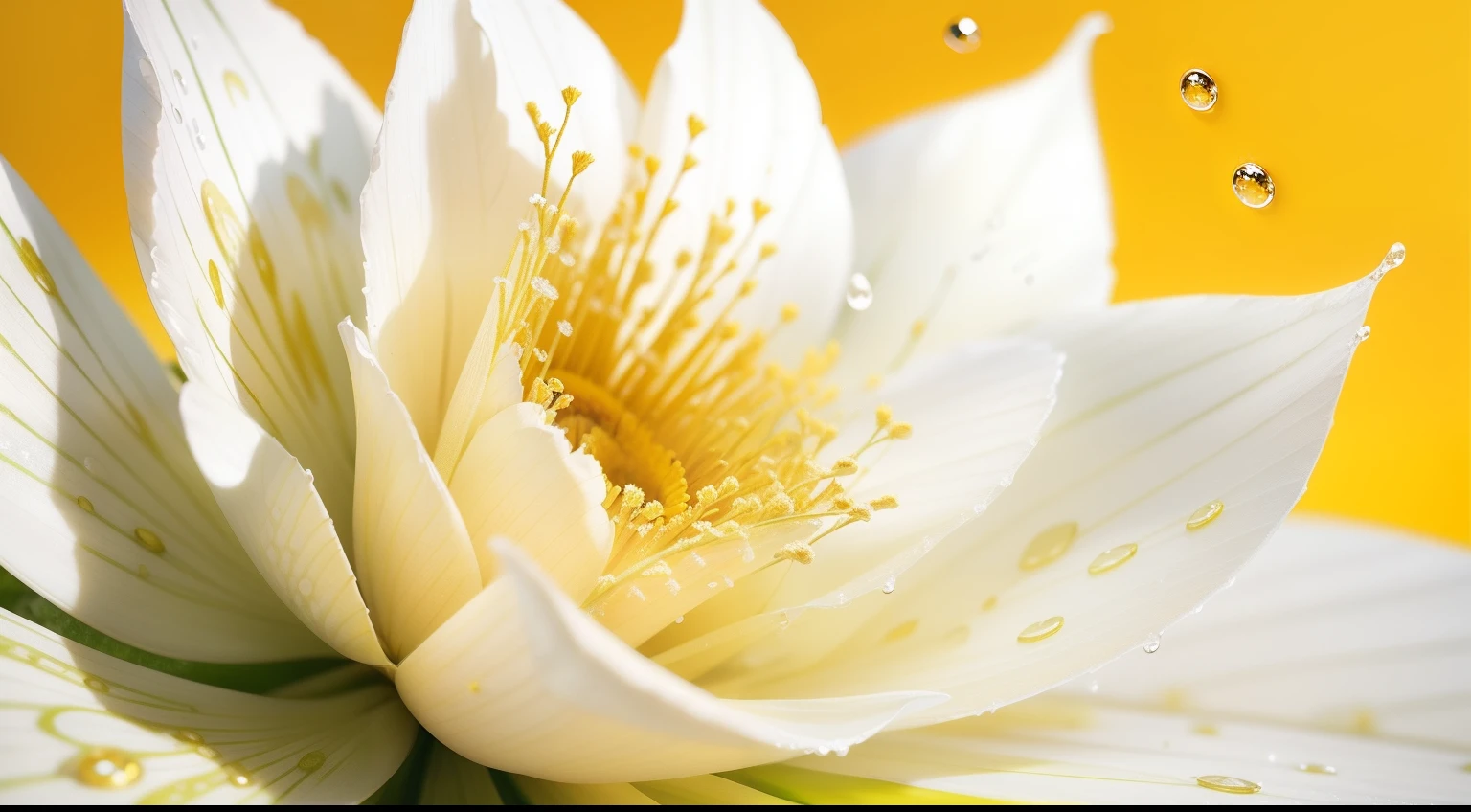 yellow background with white flower, with lots of water droplets, well defined, very real, realism