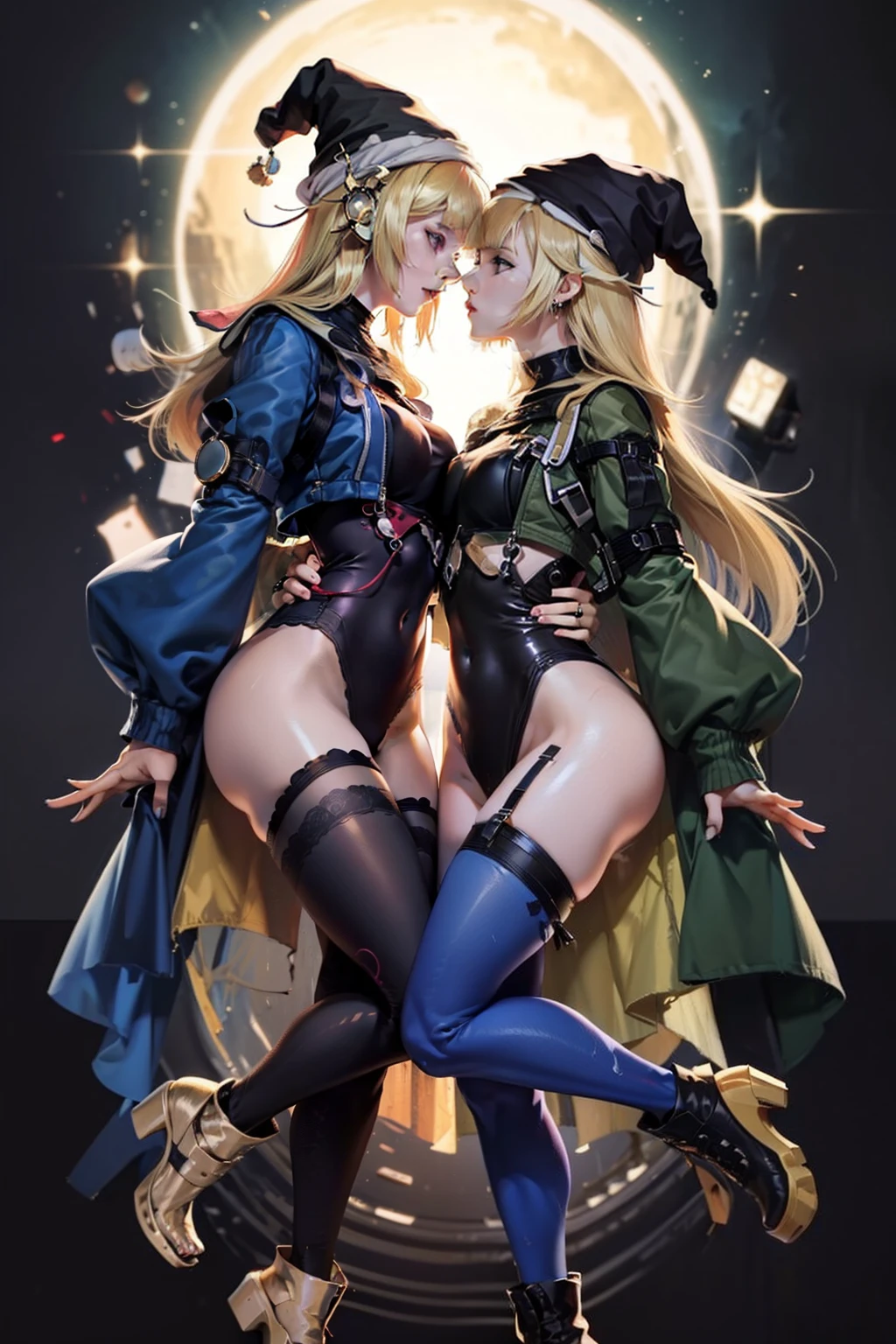 matching hairstyle,Match poses,sexyposture,High split end,high-waist,Bright colors,Magic background,water background,the sky background,2girls,2 Witches,Witch hat,Stocking tights,Jumpsuits,Intimate dress,Wrap tightly,Sexy bra,Pantyhose wrapped around the hips,Sexy,Wrap your entire body in clothes,Not exposed,mistic,abstact,Lady,Smiling,inquisitive,Extremely beautiful legs,Sexy girl pose,lesbian,French kiss,Wet kiss,face to face,hugs,cuddle,Close contacts,Snugly fit together,Side Body,Kiss,tongue kissing,Lovers,stroking each other,desire big breasts,squelch,Body overlap,squishing,Squeeze the chest,Squeeze each other's chests,Love,Love each other,sitting on the stone,garter,leg loops,Sexy bra,Pantyhose wrapped around the hips,Open at the underwear,clear clothing,Fully transparent,titmouse,camel-toe,body curve,stooped,mistic,Stocking tights,Jumpsuits,((((dramatics))),A movie poster with a young woman as the central character。Witch hat,schoolgirl,She stands confidently in the center of the poster,Wear fashion-forward attire。The background is dark and tough,There is a sense of danger and intensity, The color palette is predominantly dark,With bright colors,giving the poster a dynamic and visually striking appearance,tachi-e (Magazines:1.3),(Cover style:1.3),Fashionab,woman,with dynamism,garments,posing on a,frontage,rich colourful,dyna,Background with,element in,self-assured,Expressing the,halter,statement,Accessories,A majestic,coil,Runt,Touching pubic area,Scenes,Cover of a,Bold,attention-grabbing,Fashionab,Catchy,titles,more big,attention-grabbing, modern day, Fashionab, focal, Fashionab,There is no title,There is no text