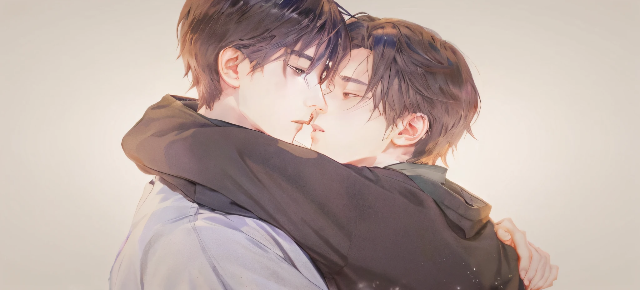 anime demon boy and human boy hugging each other in a hug, yaoi, sakimichan and makoto shinkai, by Eizan Kikukawa, makoto shinkai and (cain kuga), high quality fanart, guweiz and makoto shinkai, conrad roset and makoto shinkai, kissing together cutely, two anime handsome men