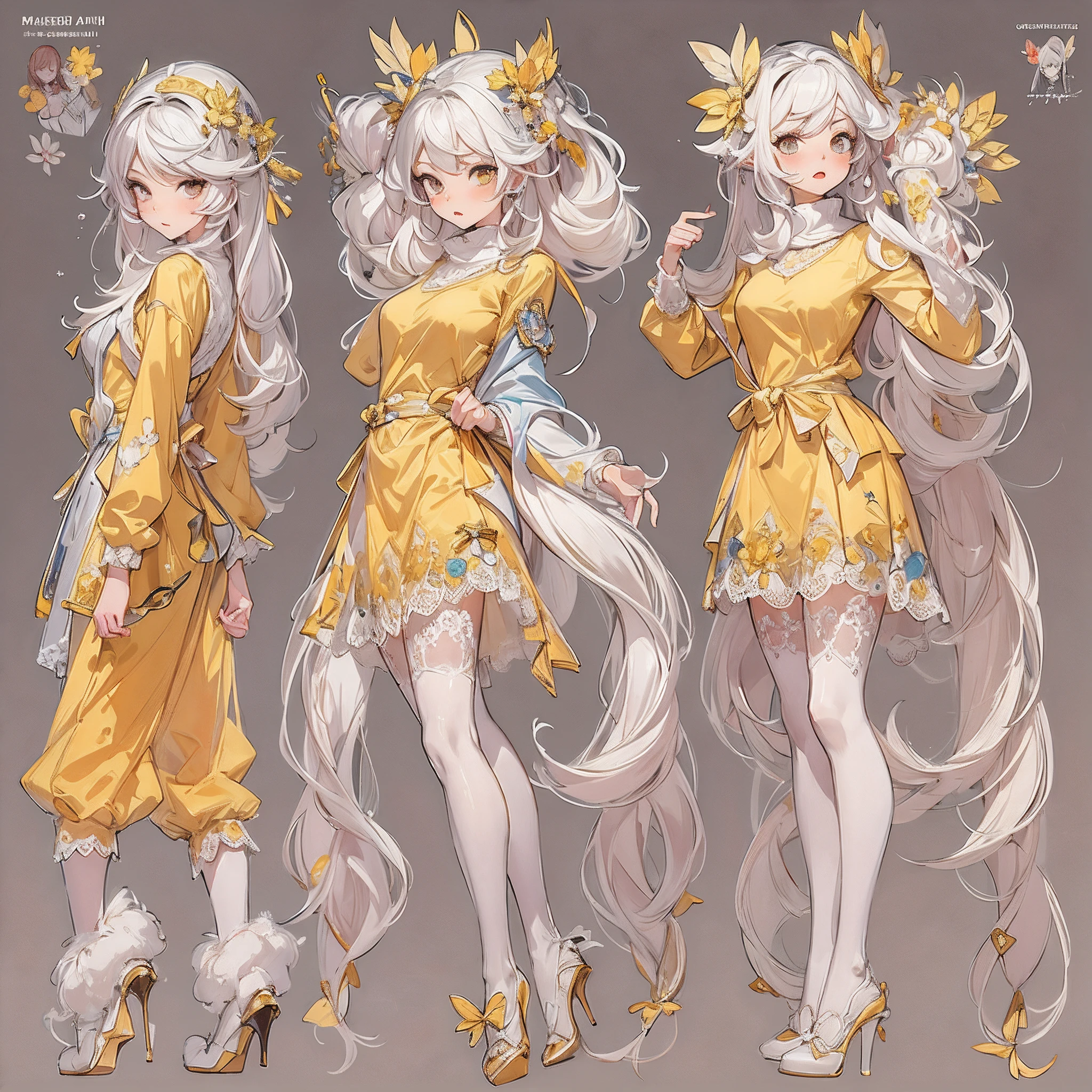 ((Masterpiece, Highest quality)), Detailed face, CharacterDesignSheet,perfectly proportions,full bodyesbian, Full of details, Multiple poses and expressions, Highly detailed, Depth, beuaty girl,Sweatshirt,Lace,lacepantyhose, High Balance, Overhead halo,Natural light,amarelo,Garland decoration