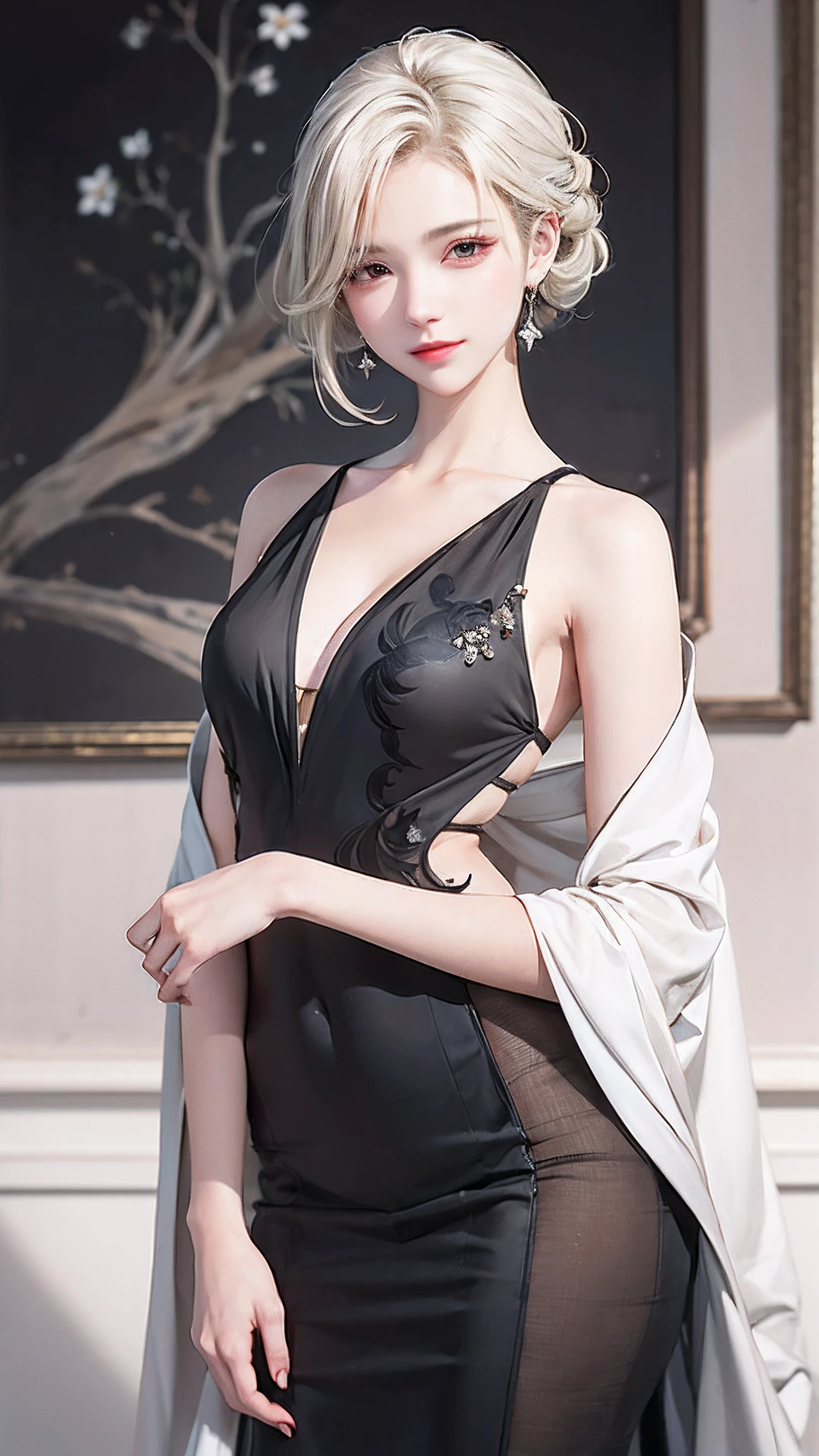 Blonde woman in black dress poses in front of a painting, trending on cgstation, digital art of an elegant, Anime girl wearing black dress, Fine details. Girl Front, Guviz-style artwork, beautiful and seductive anime woman, from girls frontline, Guviz, 2b, 2 b, Detailed digital anime art, elegant cinematic pose