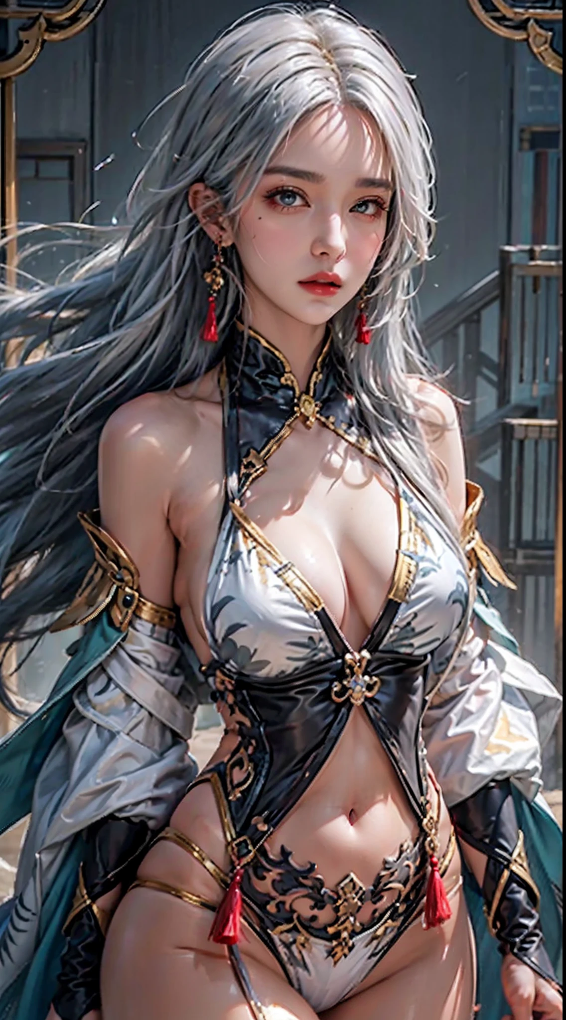 photorealistic, high resolution, soft light,1women, solo, hips up, (detailed face),tattoo, jewelry, grey hair,long hair,hair ornament, hair over one eye,,blue eyes,earrings,braided ponytail,puffy sleeves,gold trim,gloves,bodysuit,large breasts,breast curtain, shoulder cutout,covered navel,hip vent,clothing cutout, tassel, shenhe \(genshin impact\)