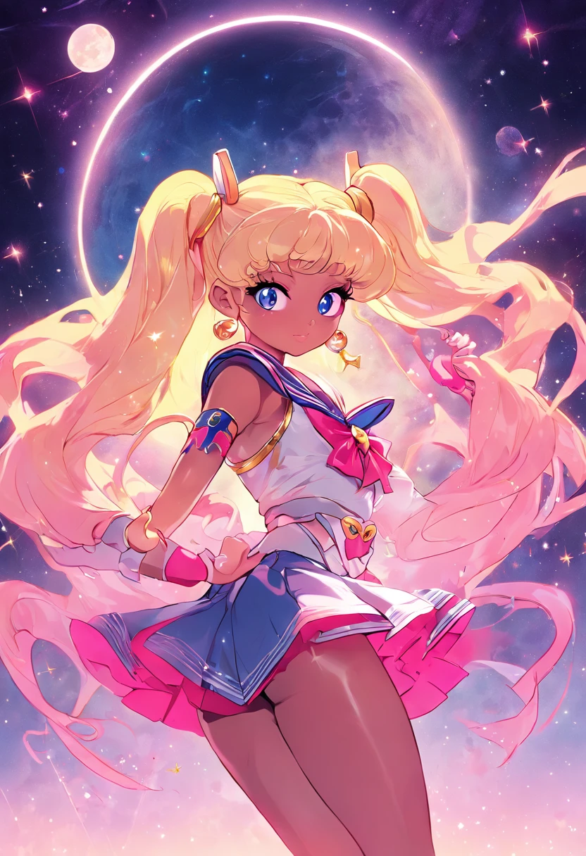 "Create a stunning artwork of Nicki Minaj as a hybrid of Sailor Moon with intricate details, vibrant colors, and dynamic poses. Incorporate elements of Sailor Moon's iconic outfit, such as the sailor collar and bow, while adding Nicki Minaj's unique style and attitude. Show her in a powerful and confident pose, with mesmerizing eyes and flowing hair. Enhance the image with celestial backgrounds, cosmic effects, and a touch of magic. Ensure the artwork is of the highest quality, with exquisite attention to detail and flawless execution."