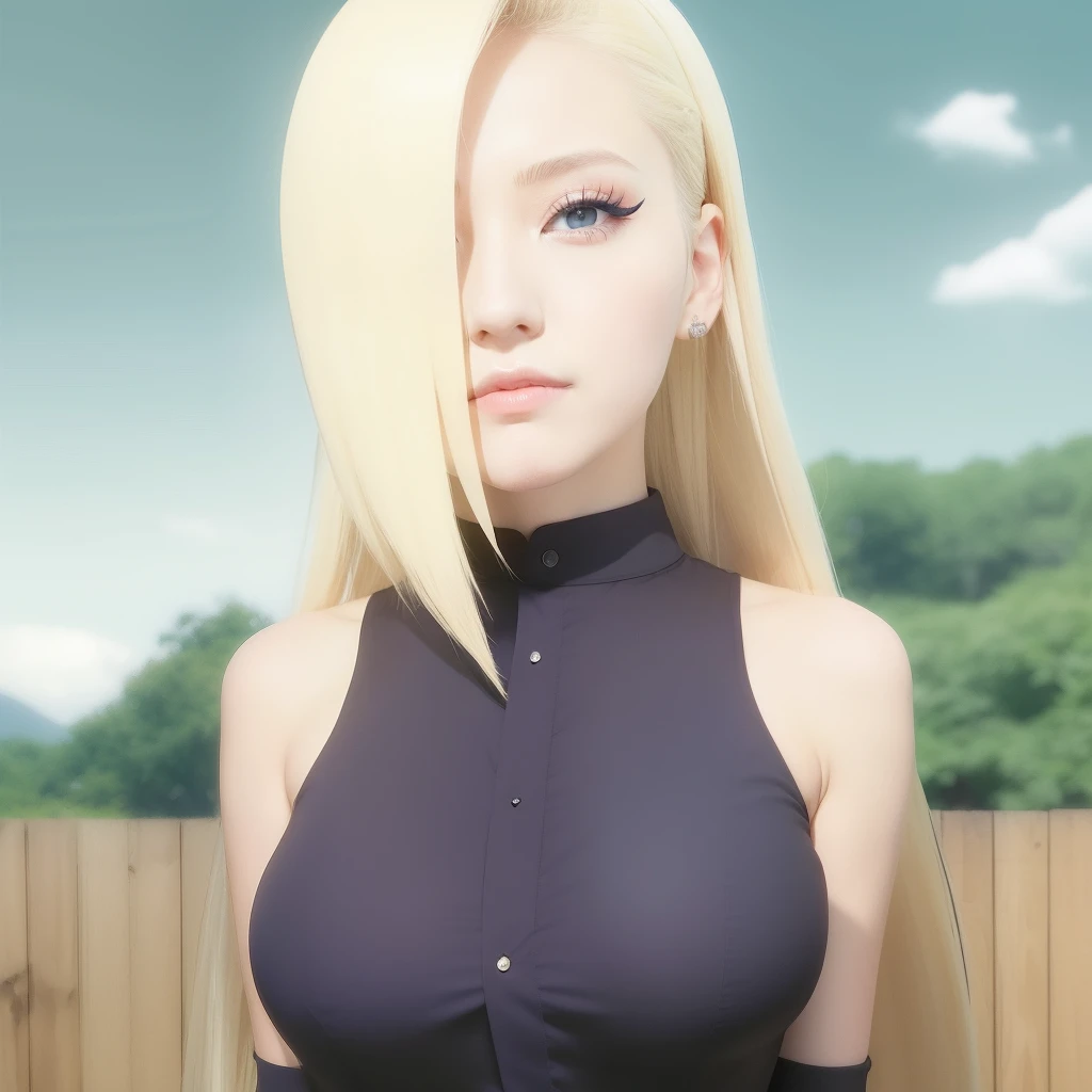 Ino yamanaka. A woman was standing outside the room. She was seen wearing a black suit. That's very tight. Make her boobs trace. She had long, straight, yellow hair. With bangs across her face on the right. He had a white as snow. And rosy cheeks. And those little, red-hot lips. He looked over at the camera. Looking so pretty and realistic