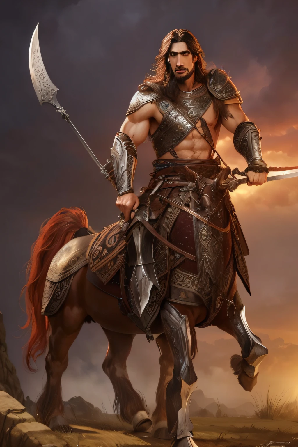 a man with a sword riding a horse in a field, male centaur centaur chimera, male warrior, horse warrior, centaur from greek mythology, persian warrior, centaur horse, adam driver as a centaur warrior, picture of an adult male warrior, a centaur, centaur, epic fantasy character art, fantasy warrior, ancient warrior