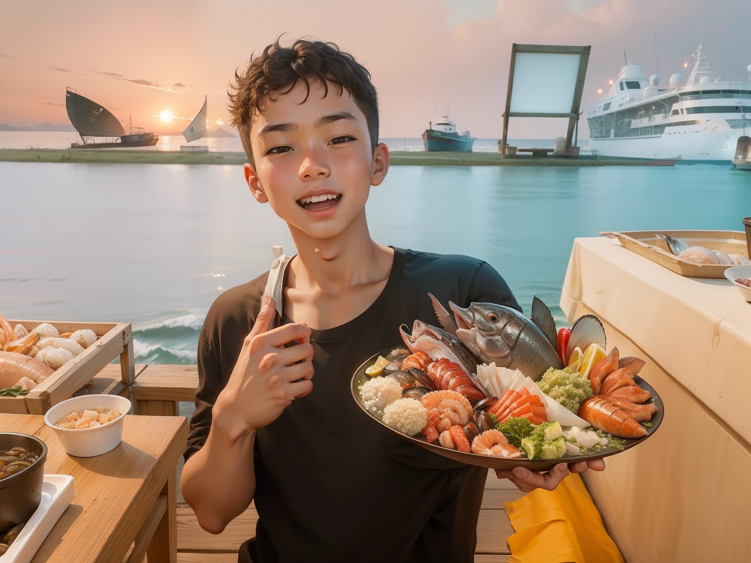 Boy and sea food