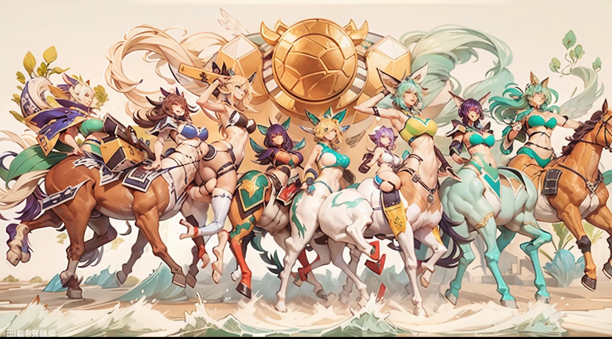 In the beautiful illustration of this super-grand scene，The ultra-long-range lens is shown（Over eight unique centaur characters：9.9），They all have their own characteristics，Vivid and interesting。Radiant angelic centaurs from the heavenly realm，To the hellish centaurs surrounded by nightmarish flames，And then to the Wind Fairy Centaur dancing in the air，There are also one-horned centaurs surrounded by thunder and lightning，and mechanical centaurs that shine with metallic light，And then to the powerful dragon centaur with colored dragon scales covering the whole body，The elegant and agile elf centaur always wears a flower crown with its slender graceful lines，Enchanting and charming Tiflin centaurs。Each character has their own unique charms and abilities。The illustration uses advanced artistic techniques and tools，（Divide the scene into sections by geometric arrangement：9.9），Each section corresponds to a centaur character，This makes more efficient use of space。Through Midjourney's advanced brush tools、Color palette、Material packs and model packs，For each centaur, beautiful props are designed to increase racial characteristics、Clothing and physical features，Enhances the character's personality and visual appeal。The scenery in the illustrations is stunning，There are changing skies、rainbowing、extreme light、Stars and Moon。Incorporating iconic landmarks such as Mount Everest，and fireworks、tranquil lake、Natural and urban elements of waves and neon lights，Creates a magical atmosphere。The centaurs display their unique abilities and equipment in a variety of environments，This is true even in extreme alien landscapes。（Use Midjourney's tools、Material packs、Texture tools、The color palette makes depicting details vivid and realistic：9.9），From complex hairstyles and as well as different racial traits、Body、Appearance features、Clothing to real textures，This greatly enhances the realism of the characters and surroundings。The fusion of multiple art styles adds movement to the centaur's