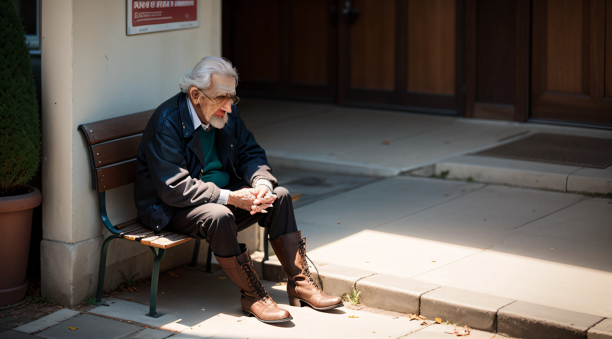 There was an old man sitting on a bench, wearing boots,Black boots