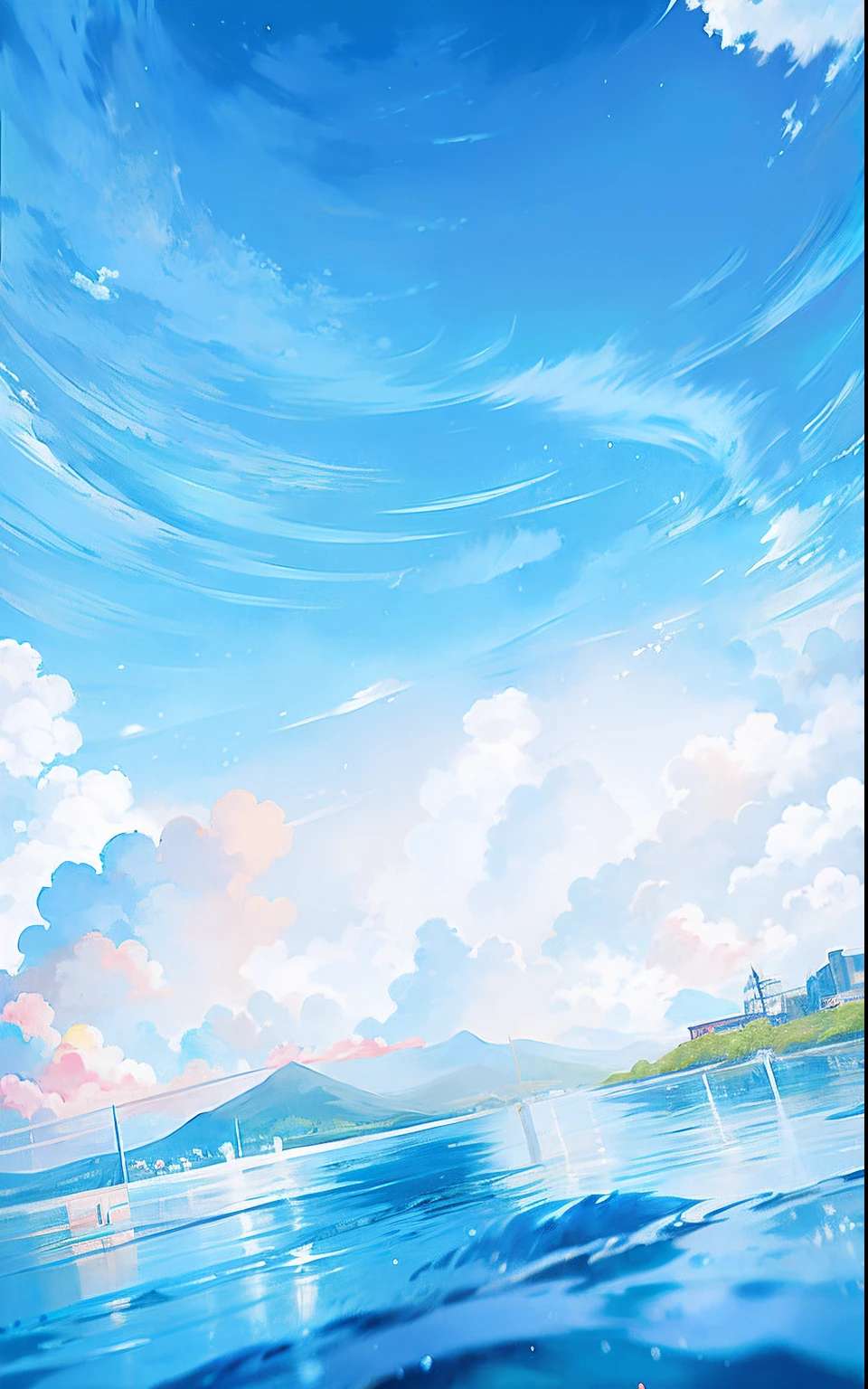 Anime scene of beautiful blue sky with boat in the water, Detailed scenery —width 672, anime backgrounds, Anime background art, Anime Sky, beautifull puffy clouds. anime big breast, anime landscape wallpapers, Azure sky, Anime landscape, beautiful anime scenery, Anime Cloud, anime beautiful peace scene, Makoto Shinkai's style, Anime landscapes