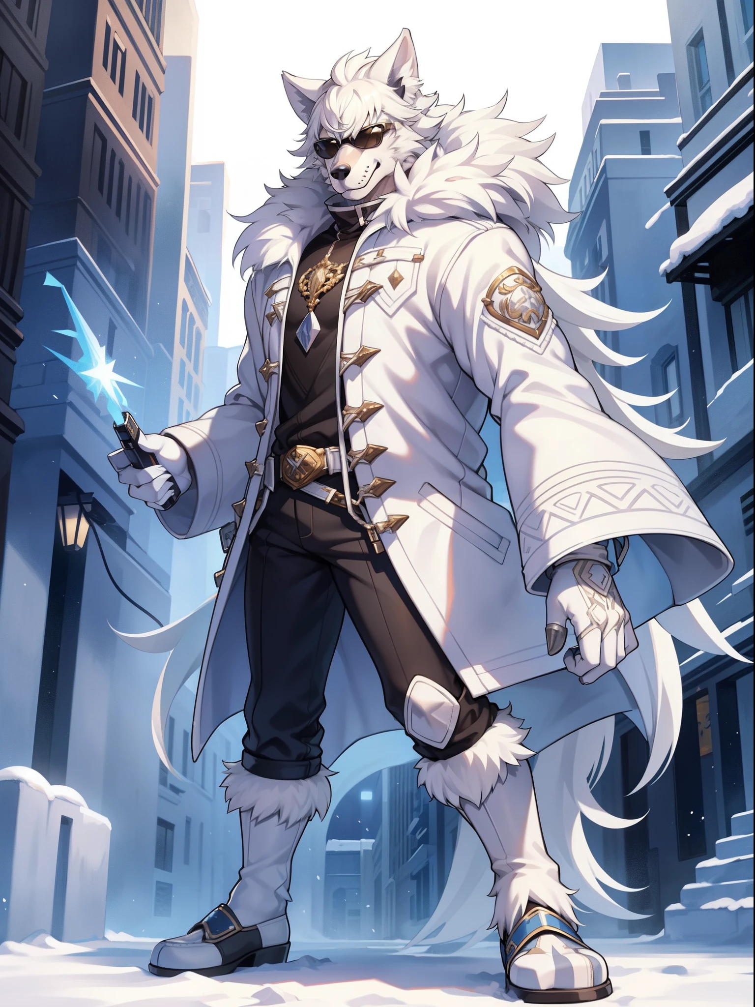 SOLO，White-haired werewolf in white jacket, Wearing sunglasses，Walking on the snow，hyper HD, Anatomically correct, Super detail, Best quality, High quality, 16k