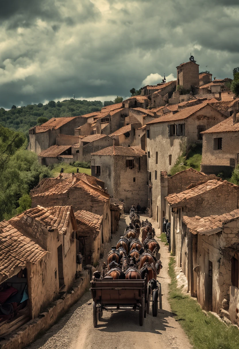 Uma caravana medieval antiga francesa, com cavaleiros seguindo em fila por uma estrada medieval, com as muralhas da cidade ao fundo, imagem real, rostos perfeitos, some wagons, some soldiers on foot, vista dos olhos de um observados na beira da estrada, foto realismo, realidade, foto 8mm, caravana medieval, dirt road, cavaleiros e soldados medievais, belas mulheres