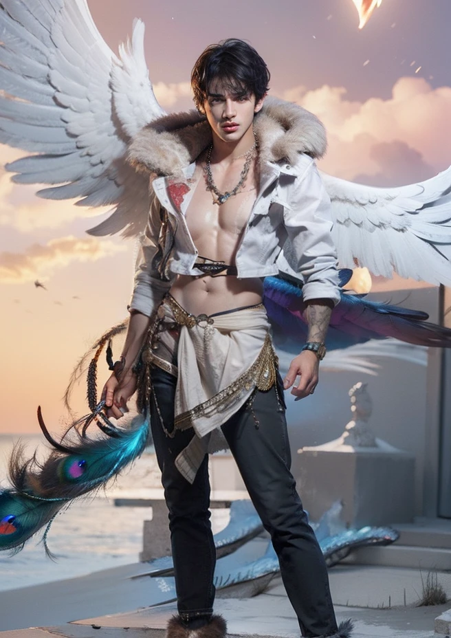 best quality, masterpiece, (photorealistic:1.4),boy,shirt with collars, waist up, dramatic lighting, from below , rainbow fur, blue eyes, shell necklace, angel, glowing eyes,red fur, phoenix,blue moon, night sky,Blue flames, peacock feathers, handsome, sixpack, charming, , background sky night,prince,fire wings, Greek mythology, black Short hair,Eyes light up