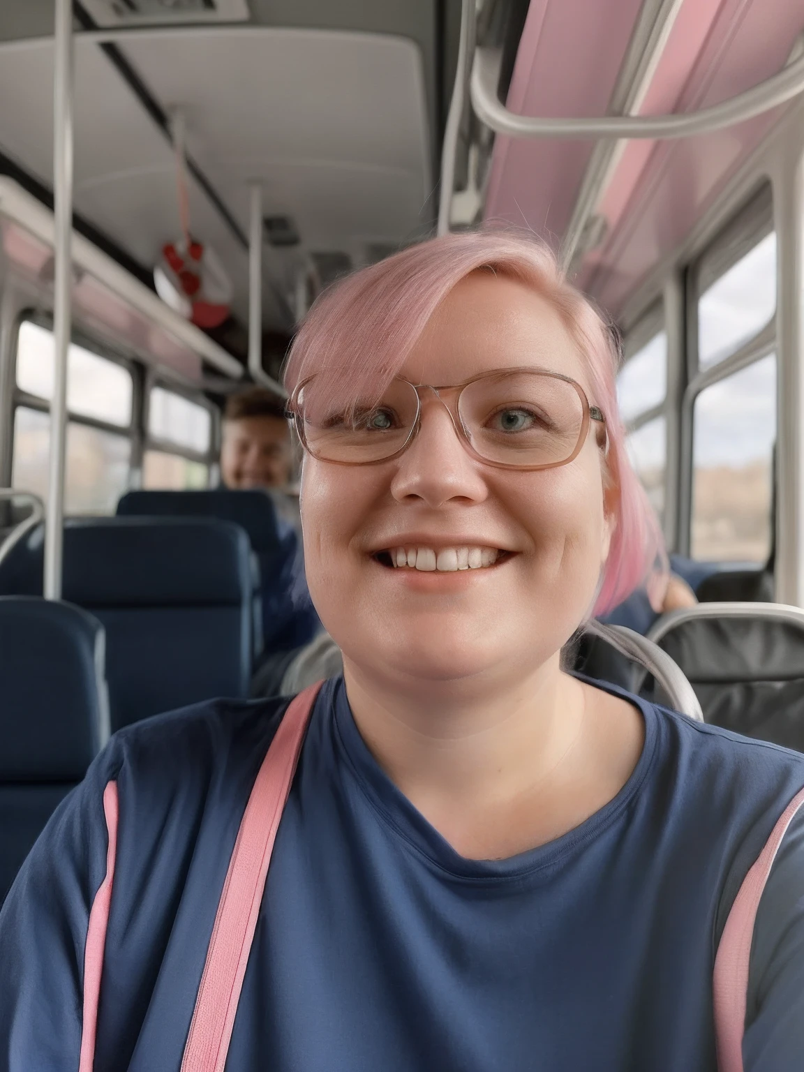 smiling woman in glasses on a bus with a blue shirt, pink hair, very slightly smiling, happily smiling at the camera, slightly smiling, almost smiling, she is smiling and excited, smiling for the camera, photograph taken in 2 0 2 0, face is brightly lit, 8k selfie photograph, taken in the early 2020s, photo taken in 2 0 2 0