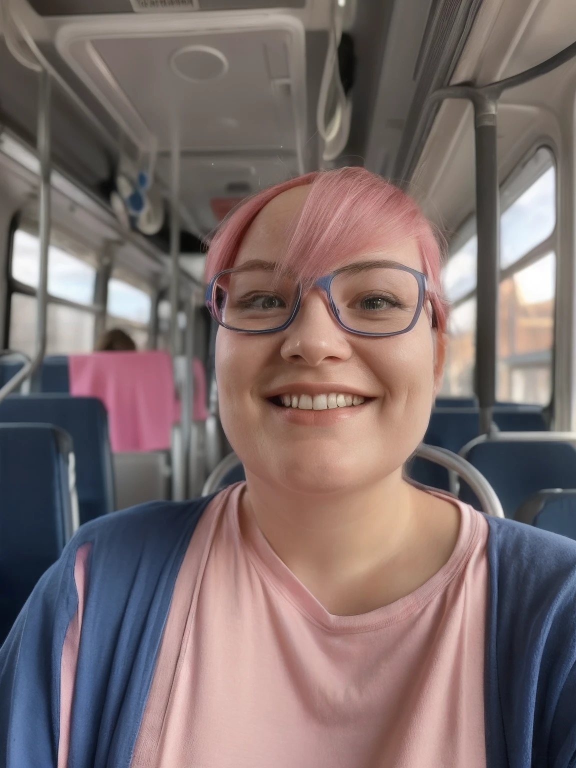 smiling woman in glasses on a bus with a blue shirt, pink hair, very slightly smiling, happily smiling at the camera, slightly smiling, almost smiling, she is smiling and excited, smiling for the camera, photograph taken in 2 0 2 0, face is brightly lit, 8k selfie photograph, taken in the early 2020s, photo taken in 2 0 2 0