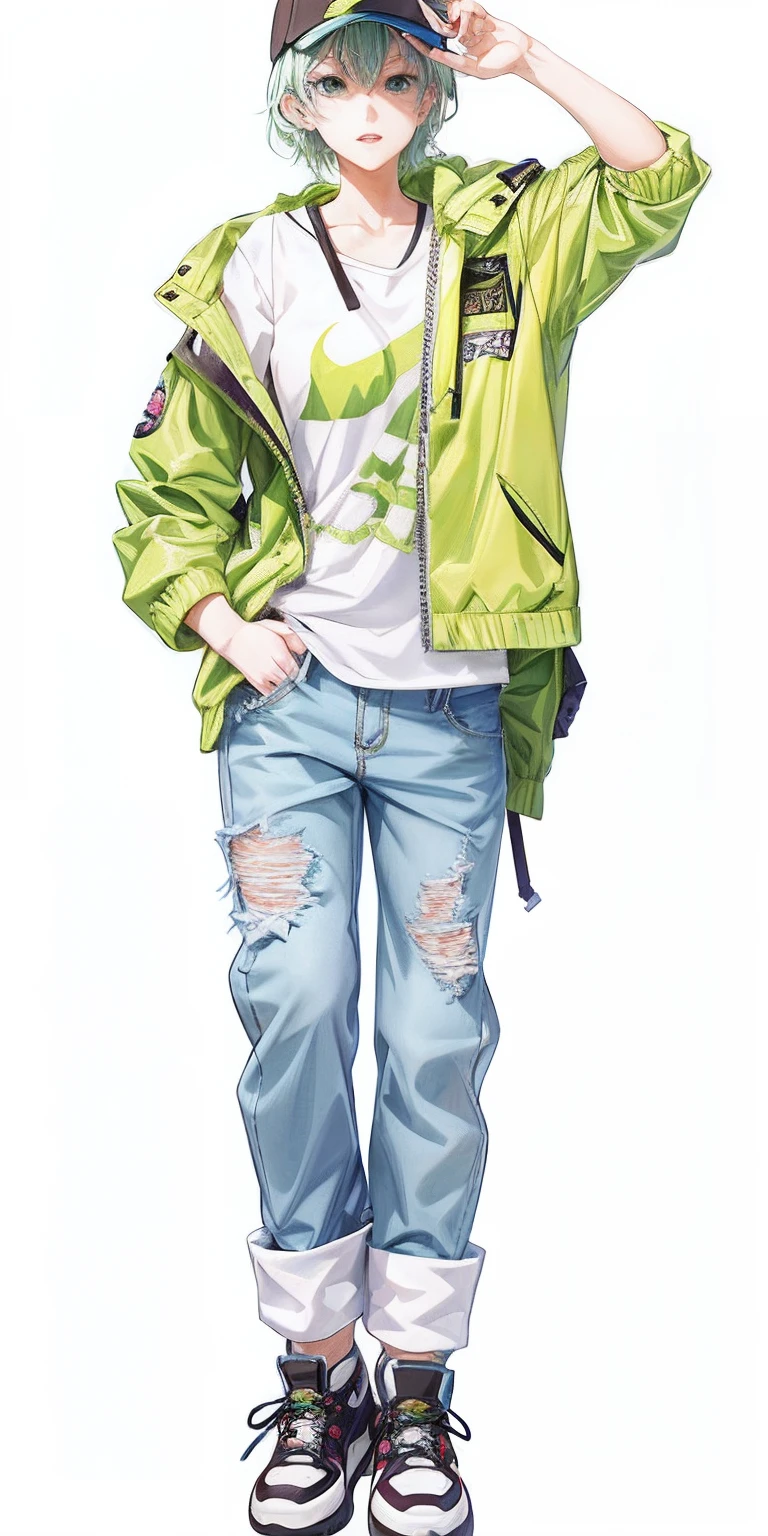 Anime - Style drawing of a young woman in a green jacket and jeans, anime full body illustration, Full body illustration, kentaro miura manga art style, kentaro miura art style, manga style of kentaro miura, young anime man, detailed anime character art, made with anime painter studio, Single character full body, full-body portraits