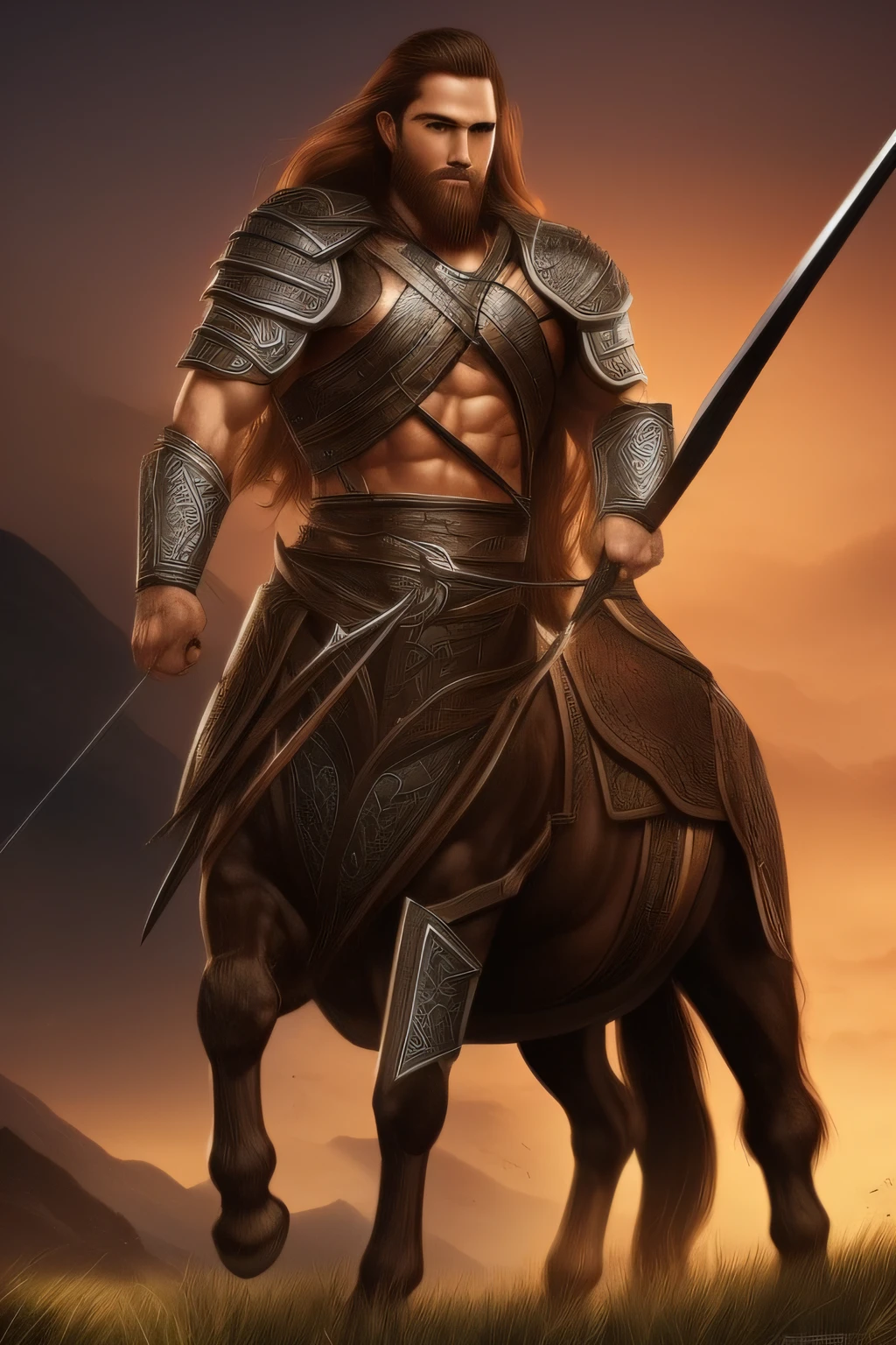 Centaur, warrior, crossbow, red hair, man, facial hair, ultra detailed, chain mail armor, large horse muscles, battle scene