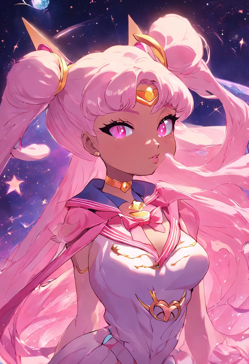 "Create a stunning artwork of Nicki Minaj as a hybrid of Sailor Moon with intricate details, vibrant colors, and dynamic poses. Incorporate elements of Sailor Moon's iconic outfit, such as the sailor collar and bow, while adding Nicki Minaj's unique style and attitude. Show her in a powerful and confident pose, with mesmerizing eyes and flowing hair. Enhance the image with celestial backgrounds, cosmic effects, and a touch of magic. Ensure the artwork is of the highest quality, with exquisite attention to detail and flawless execution."