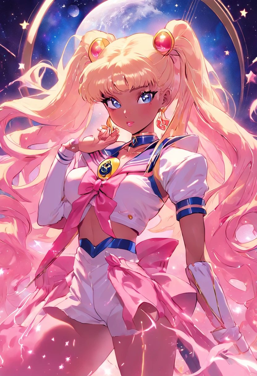 "Create a stunning artwork of Nicki Minaj as a hybrid of Sailor Moon with intricate details, vibrant colors, and dynamic poses. Incorporate elements of Sailor Moon's iconic outfit, such as the sailor collar and bow, while adding Nicki Minaj's unique style and attitude. Show her in a powerful and confident pose, with mesmerizing eyes and flowing hair. Enhance the image with celestial backgrounds, cosmic effects, and a touch of magic. Ensure the artwork is of the highest quality, with exquisite attention to detail and flawless execution."