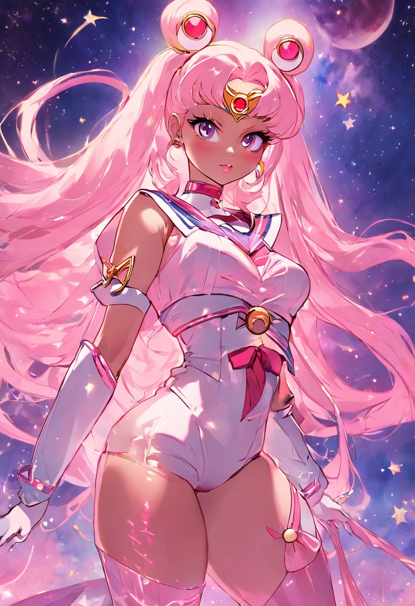 "Create a stunning artwork of Nicki Minaj as a hybrid of Sailor Moon with intricate details, vibrant colors, and dynamic poses. Incorporate elements of Sailor Moon's iconic outfit, such as the sailor collar and bow, while adding Nicki Minaj's unique style and attitude. Show her in a powerful and confident pose, with mesmerizing eyes and flowing hair. Enhance the image with celestial backgrounds, cosmic effects, and a touch of magic. Ensure the artwork is of the highest quality, with exquisite attention to detail and flawless execution."