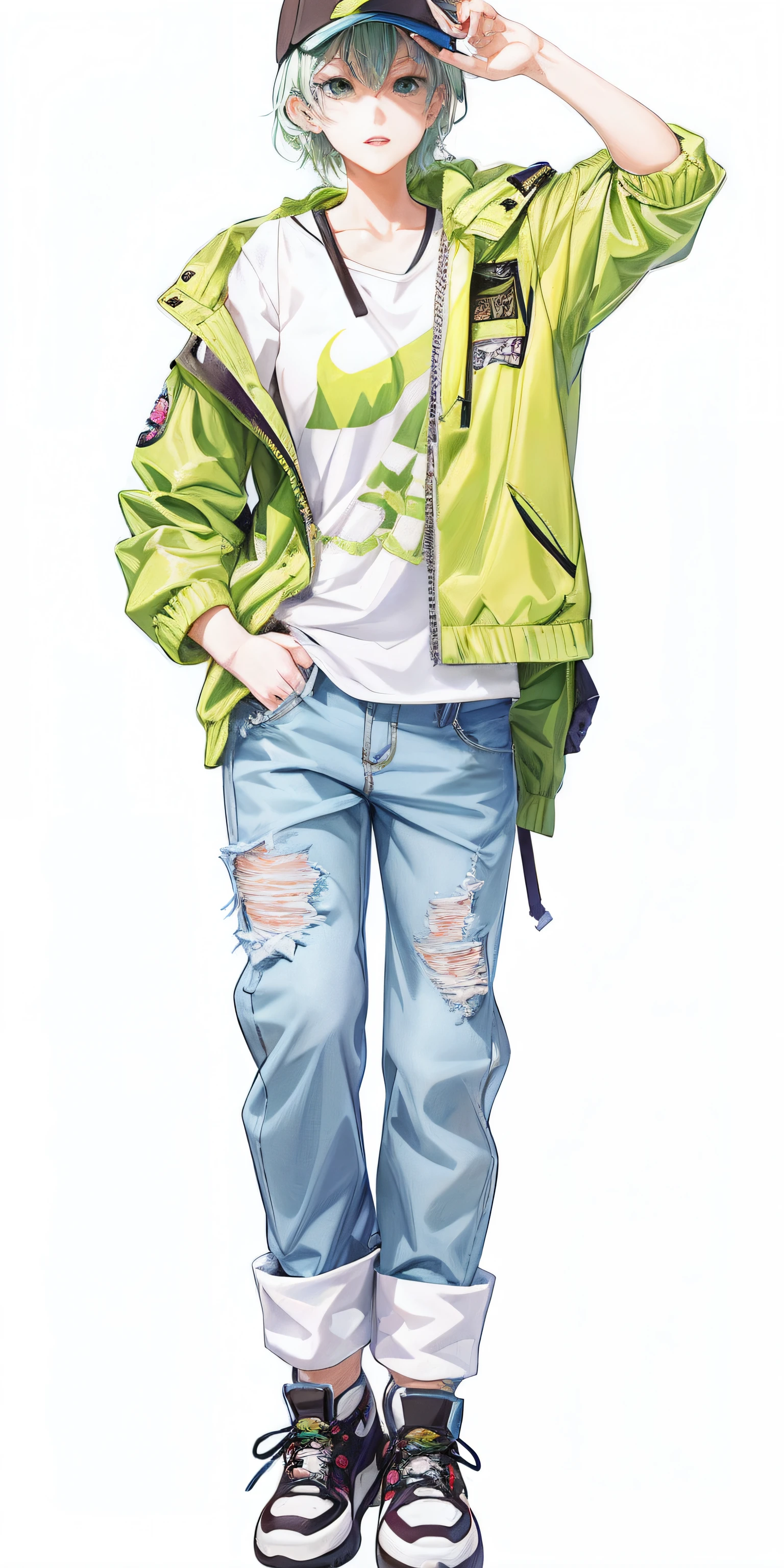 Anime - Style drawing of a young woman in a green jacket and jeans, anime full body illustration, Full body illustration, kentaro miura manga art style, kentaro miura art style, manga style of kentaro miura, young anime man, detailed anime character art, made with anime painter studio, Single character full body, full-body portraits