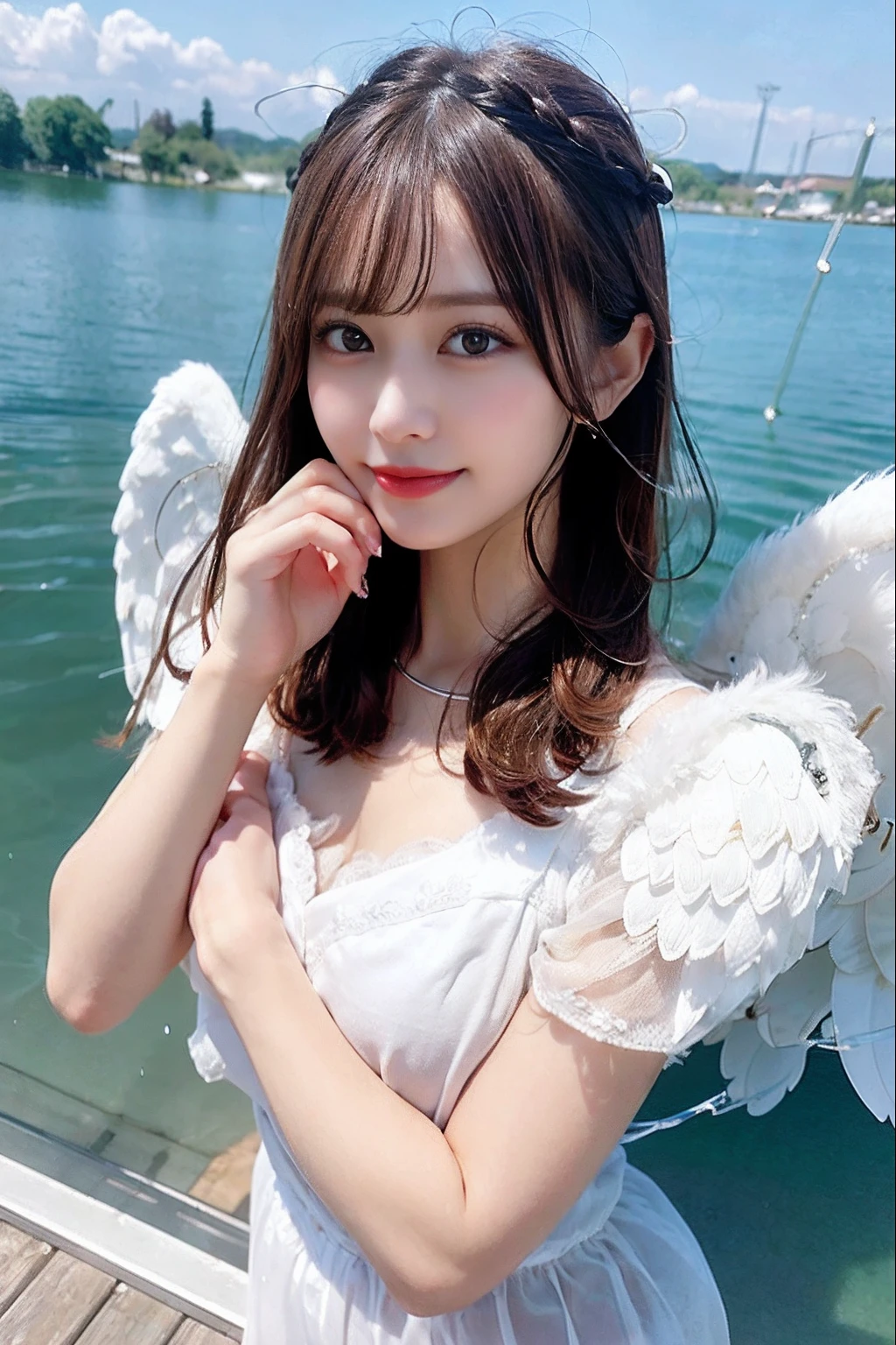 (Sheer and revealing white fluffy outfit:1.3, ),(Angel with glass wings floating on lake:1.3),,shiny light brown and orange striped hair,,,,Cute smile,Perfect round face,A cheerful smile that makes the viewer happy,Proper body proportion,masutepiece,Super high-quality output images,hight resolution,Intricate details,Hair fluttering in a very delicate and beautiful wind,photos realistic,Dreamy,Professional Lighting,realistic shadow,Solo Focus,Beautiful hands,Beautiful fingers,Detailed finger features,detailed clothes features,Detailed hair features,detailed facial features,