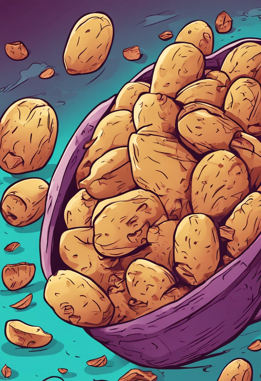 A cartoon image of potatoes eating on solid background