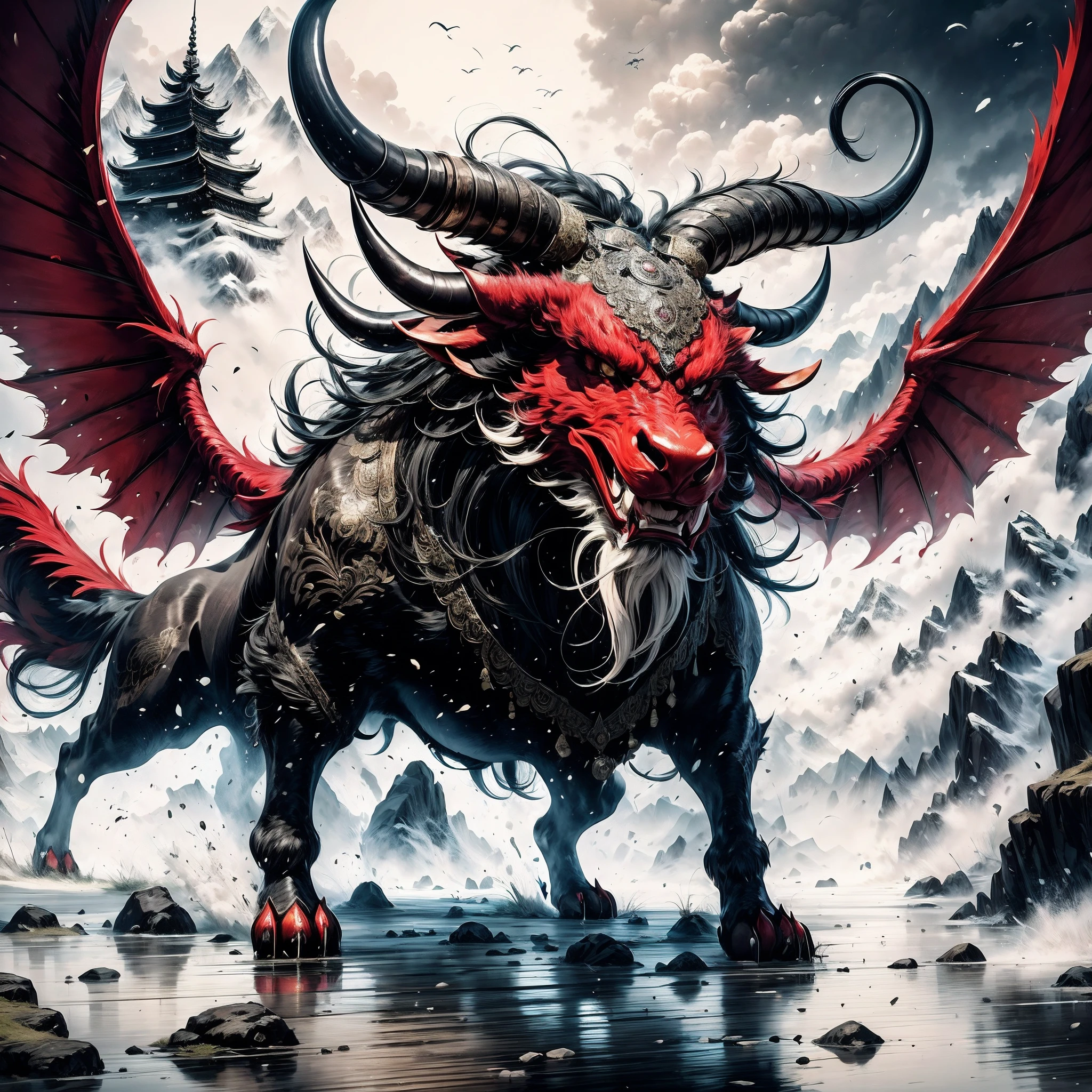 Kamada,((Masterpiece)),Best quality, ((illustration)),Original,extremelydetailedwallpaper,
((Fabulous ferocious animal)),{{anthro bull}},{{ Long horns}},{{There are wings on the back}},(Red and black wings),(Four feet:1.3)，(Solo),Mountain,Big and strong,The demons,tyrannical,No Man