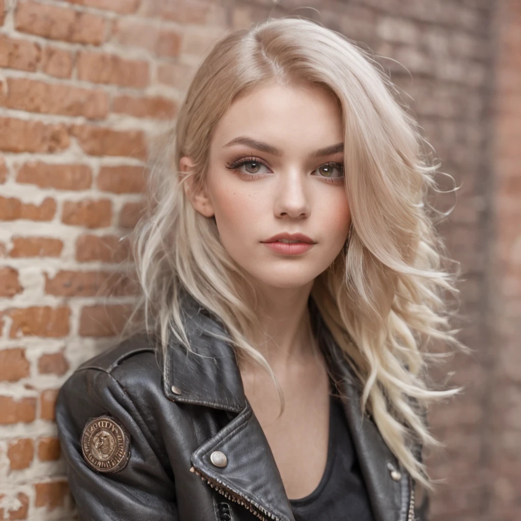 On a brick wall. Graffiti drawing. On the background of a white circle, a cute cool blonde rocker with a tattooed young girl in black clothes, on her shoulder an owl