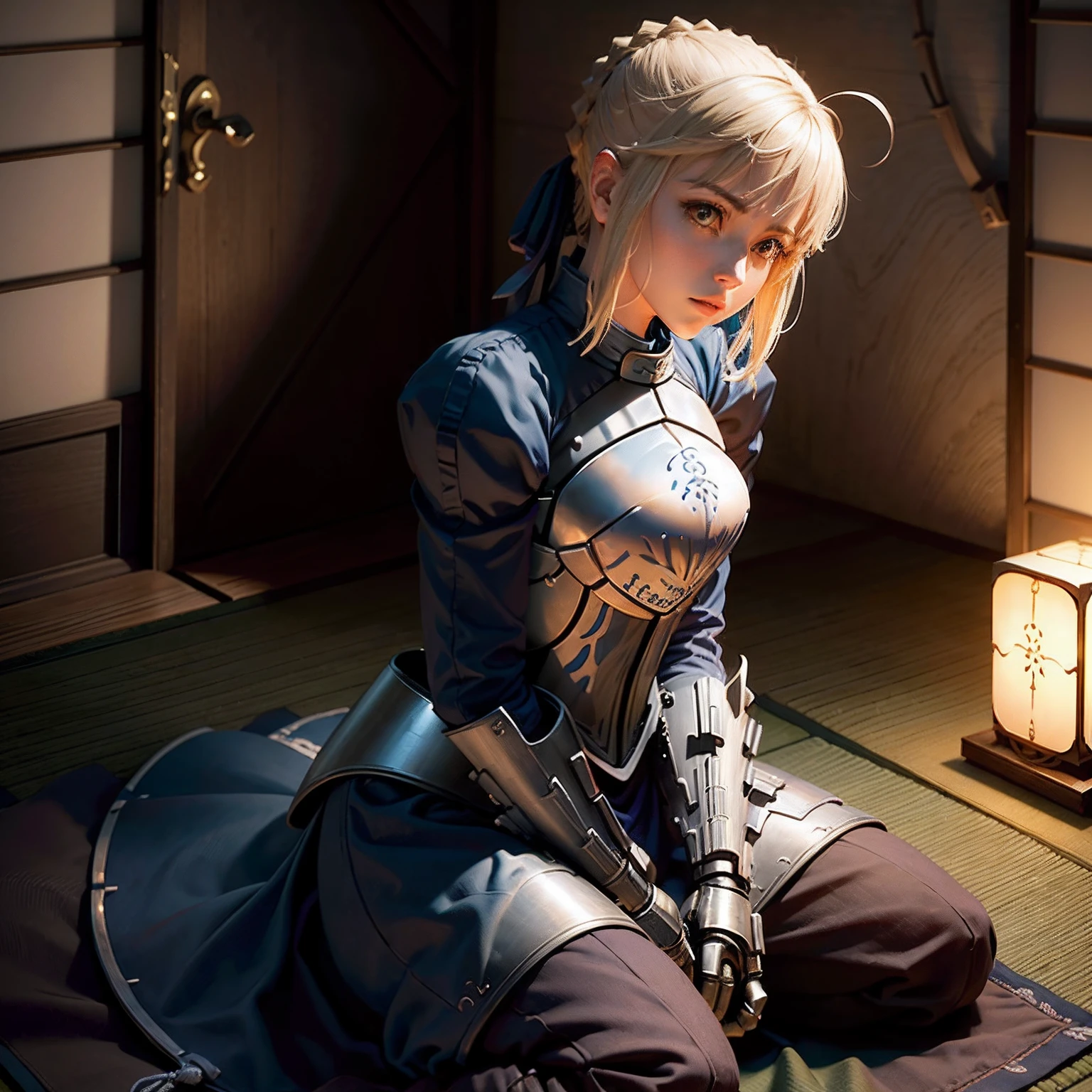 (garota hiper realista:1.2), ((Artoria Pendragon de 18 anos)), (Destiny Series), ((destino)), (Saber), corpo inteiro, single body, olhando para frente, sitting on ground, (coxas internas expostas), joelhos dobrados, ((cabelo loiro)), seios grandes:1.3, Quarto feminino, Traditional Japanese Room, Hiper realista, cinematic lighthing, (octan render), ray tracing