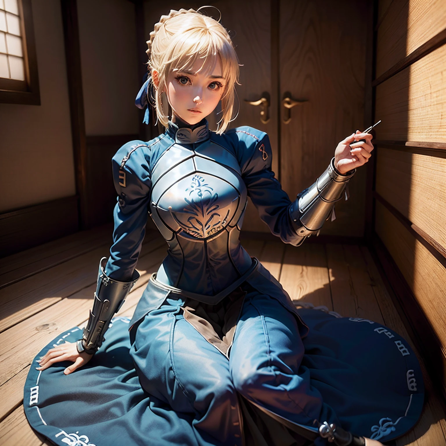 (garota hiper realista:1.2), ((Artoria Pendragon de 18 anos)), (Destiny Series), ((destino)), (Saber), corpo inteiro, single body, olhando para frente, sitting on ground, (coxas internas expostas), joelhos dobrados, ((cabelo loiro)), seios grandes:1.3, Quarto feminino, Traditional Japanese Room, Hiper realista, cinematic lighthing, (octan render), ray tracing