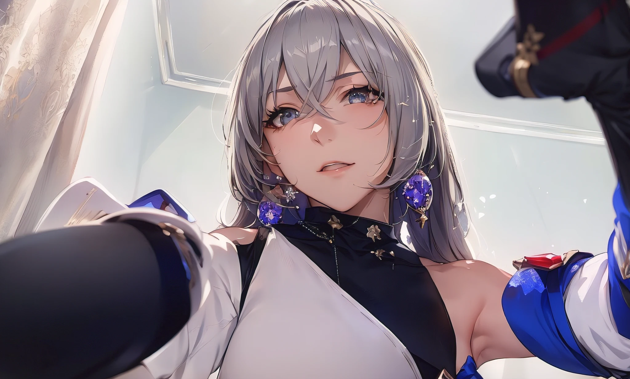 ph bronya, 1girl, solo, accessories, earrings, long hair, gray hair, bangs, drill, bare shoulder, grey eyes, boots, stockings, hair between eyes, boots, elbow gloves, sleeveless, black gloves, double diamonds, belt, leggings, white skirt, chest, small breast, black shoes, long sleeves, (Masterpiece: 1.2, Excellent), (Delicate Eyes: 1.2), (Background Detailed, Dark Fantasy), (Beautiful Detailed Face), High Contrast, (Best Lighting, Extremely Delicate and Beautiful), ((Cinematic Light)), Colorful, Hyperdetailed, Dramatic Light, Intricate Details, (Sharp Facial Hair Between Eyes, Dynamic Angle), Black Light Rotating Around Characters, Depth of Field, Black Light Particles, (Broken Glass), Slender Figure, Perfect Figure, City Background, (Realisticity: 1.2), (Pureerosface _v1:0.5), cowboy shot, Honkai Star Orbit