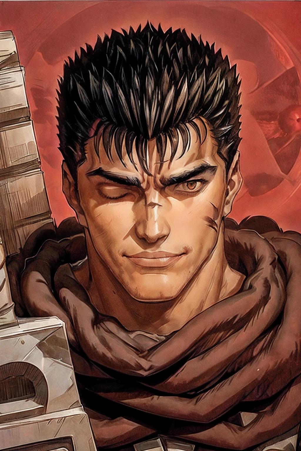 portrait of guts \(berserk\), 1boy, black hair, smiling, teeth, closed mouth, looking at viewer, male focus, one eye closed, red background, scar, scar on face, scar on nose, scarf, short hair, solo, upper body, weapon on back, blood moon, red night, sword on back, traditional media