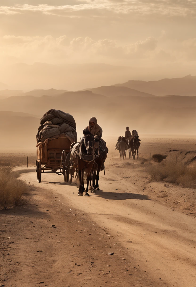 The scene takes place on a dusty road that cuts through a barren and desolate landscape. The sunset sun casts a harsh, orange light over everything. A caravana de Aruin e Catherine, composed of a few horse-drawn wagons and a small group of people, it's moving slowly down the road. The wagons are worn out and show signs of prolonged use.

by the roadside, next to a pile of rocks, A  wrapped in dirty cloths is lying in a worn-out wicker basket. The chilears to be only a few mon face is dirty with dust and dry tears. Their clothes are torn and faded, suggesting neglect and abandonment.