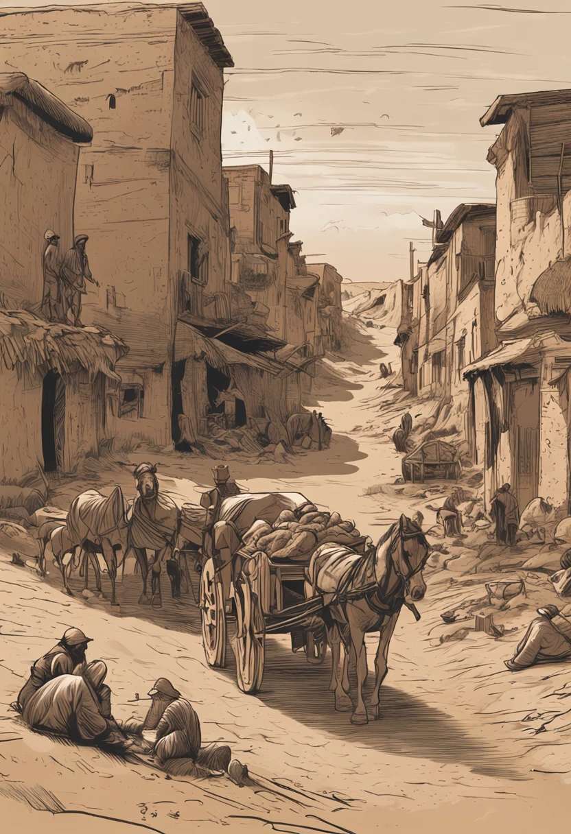 The scene takes place on a dusty road that cuts through a barren and desolate landscape. The sunset sun casts a harsh, orange light over everything. A caravana de Aruin e Catherine, composed of a few horse-drawn wagons and a small group of people, it's moving slowly down the road. The wagons are worn out and show signs of prolonged use.
by the roadside, next to a pile of rocks, A wrapped in dirty cloths is lying in a worn-out wicker basket. The chilears to be only a few mon face is dirty with dust and dry tears. Their clothes are torn and faded, suggesting neglect and abandonment.