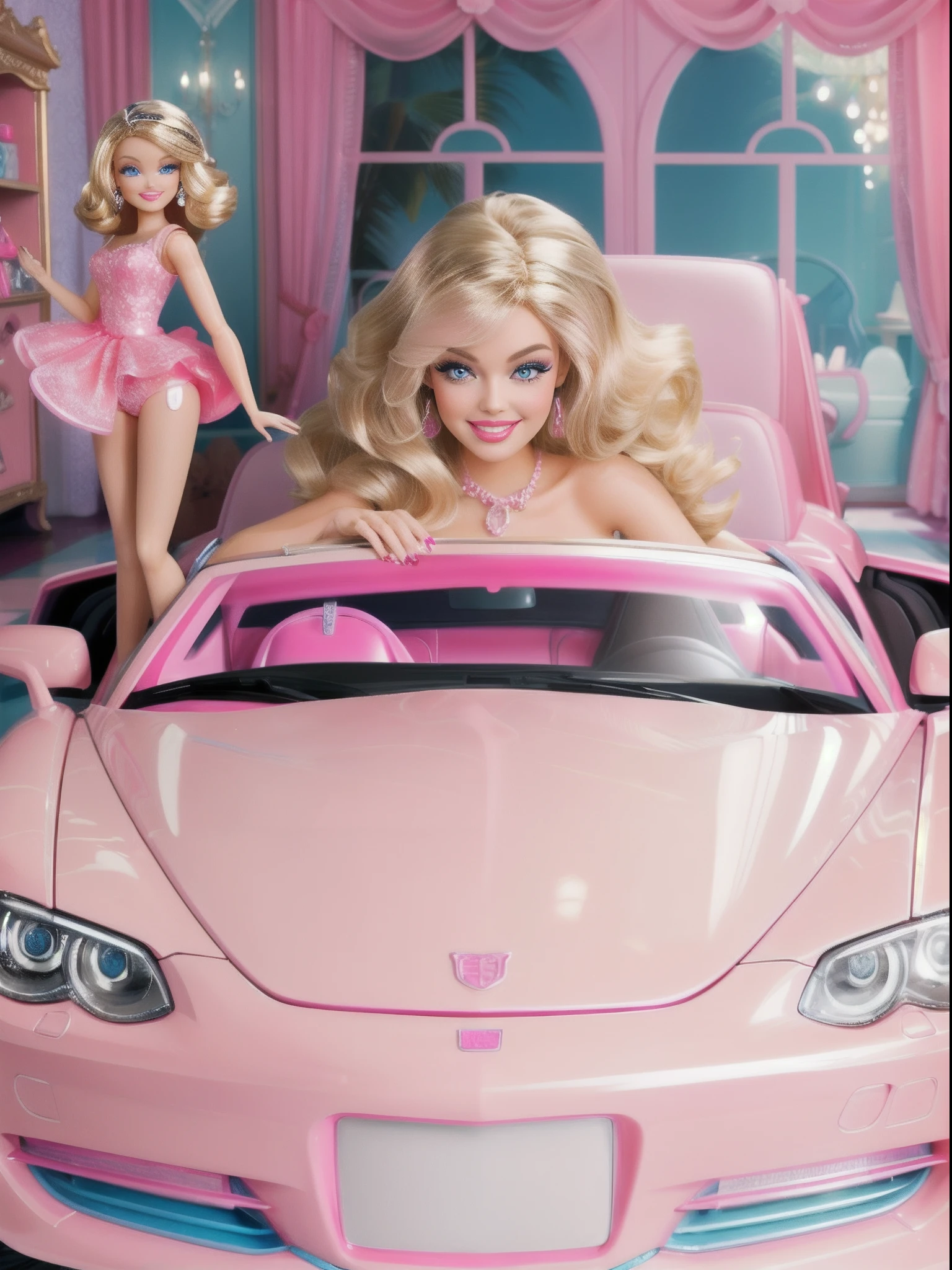 barbie, blonde, tan, blue eyes, heavy makeup, long eyelashes, pink long nails, pink lips, smiling, cute, doll toy, barbie doll, in her mansion with pink decor and a pink fancy car