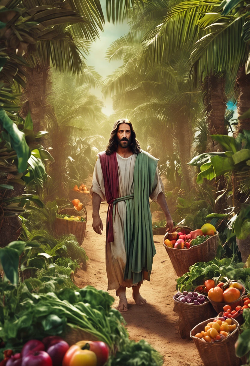 Jesus helping in the plantation, jesus ajudando o povo com os legumes, jesus junto ao povo curando e orando