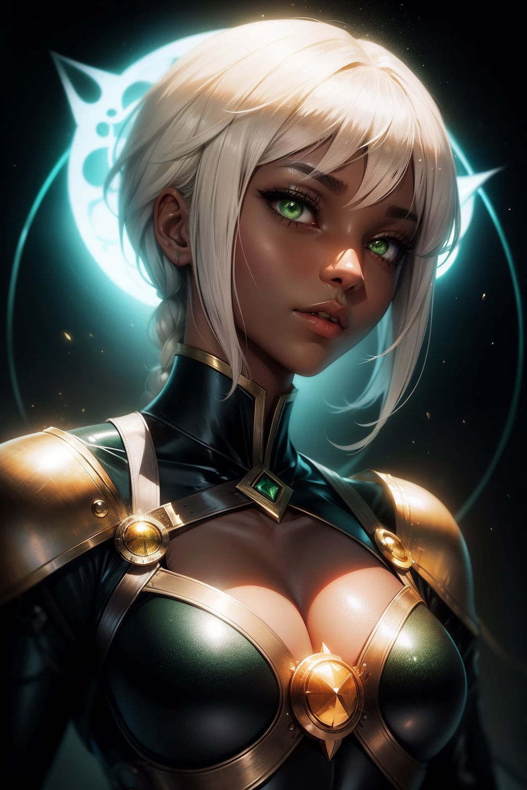 quadratic element;White hairs on the collarbone;short detailed hair;Lunette de soleil;Warm color Light Source;Cat woman;Black skin;Green eyes;Armageddon;废墟;Flat art style;
