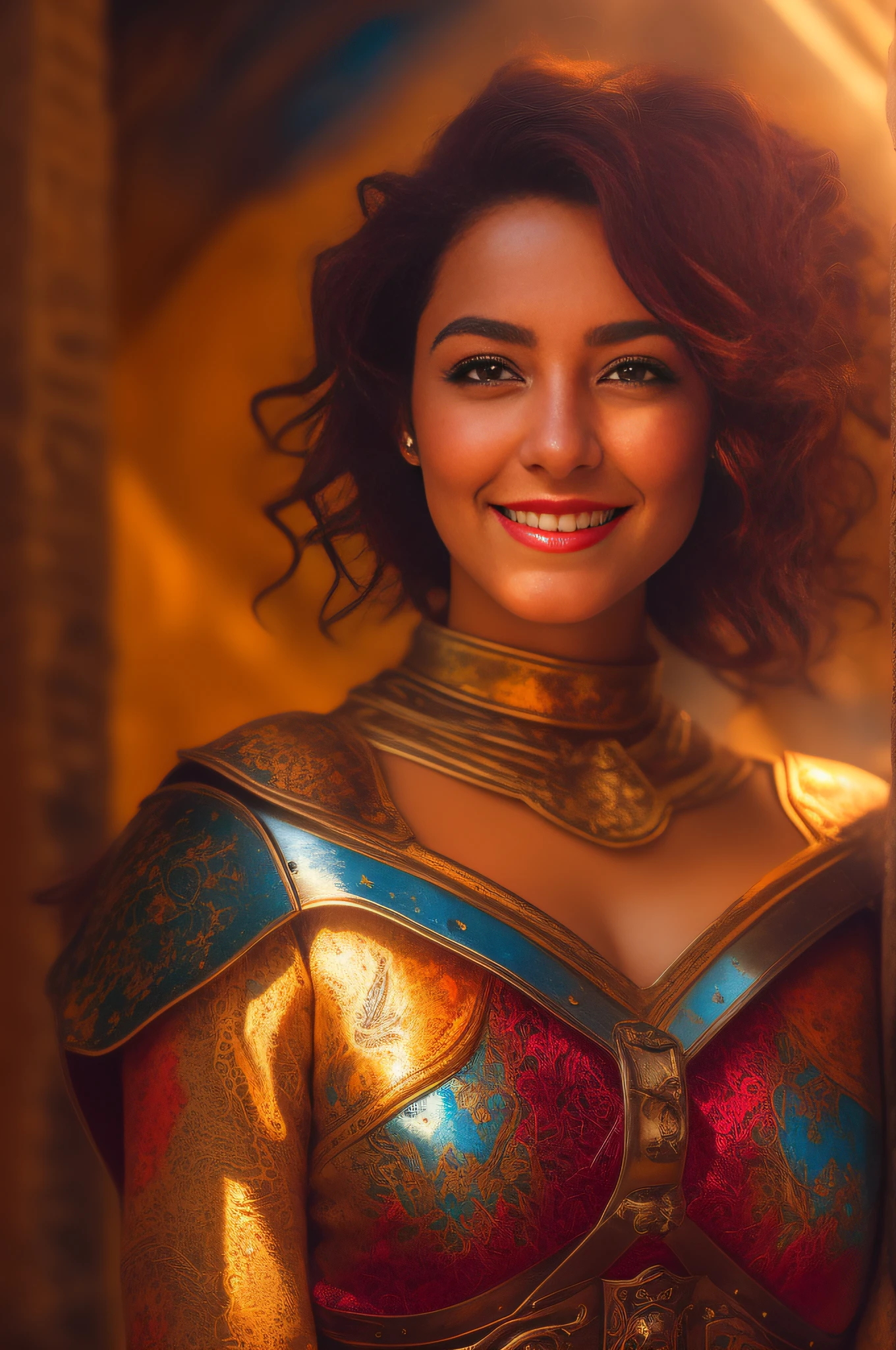 colorful aesthetic, Complementary colors, filmgrain, hdr, Hyperrealistic, Latin sexy woman, The light is warm and atmospheric, Masterpiece, Medieval armor, Seductive smile, Sexy pose, Soft light, stunningly beautiful