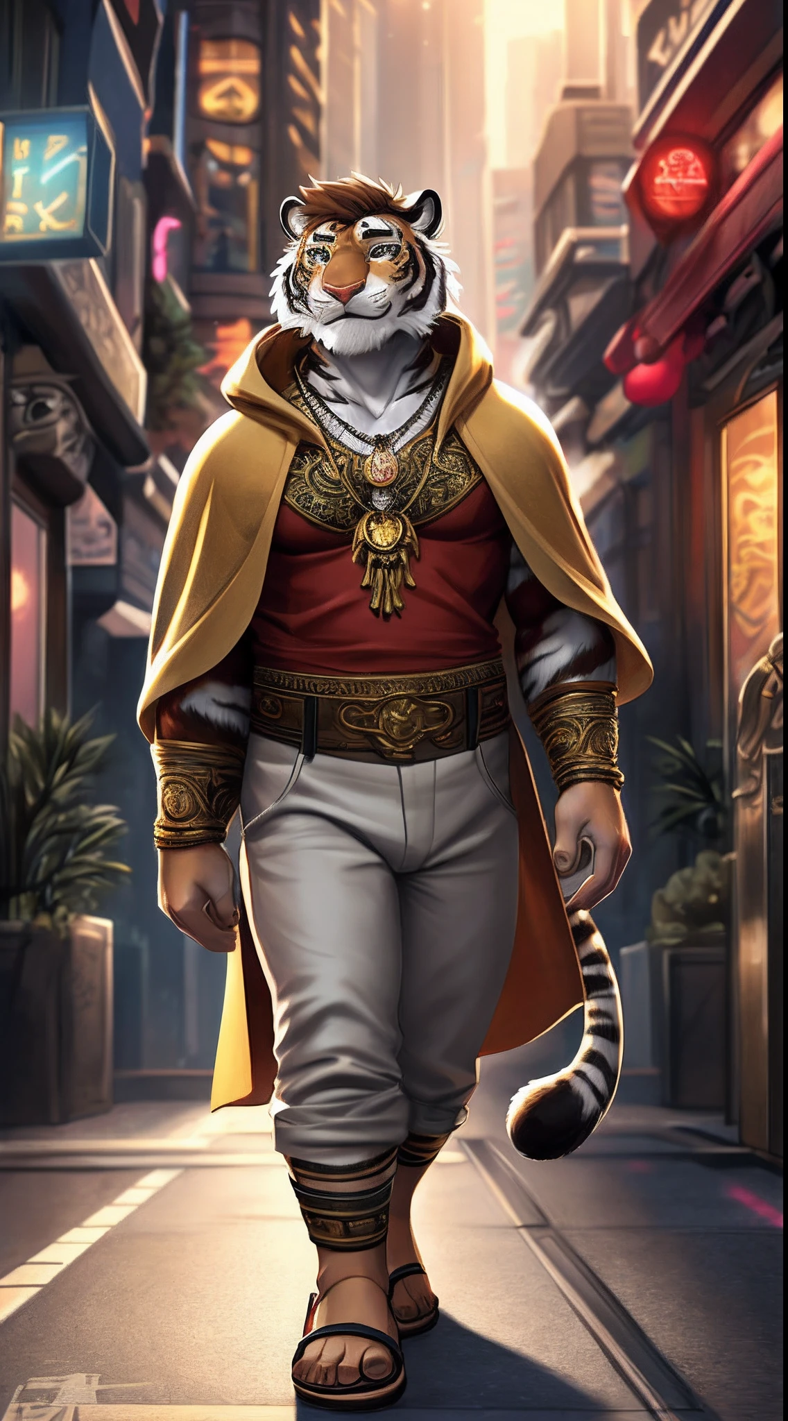 Anthro, white tiger, full body, male, adult, hand paws, tail, strong, light poncho, light short pants, sandals, fancy modern clothing, ornate clothing, necklace with pendant, short brown hair, abdomen on display, innocent look, warm expression, hairy body, 8K, dynamic lighting, ultra detailed, masterpiece, street of a futuristic city.