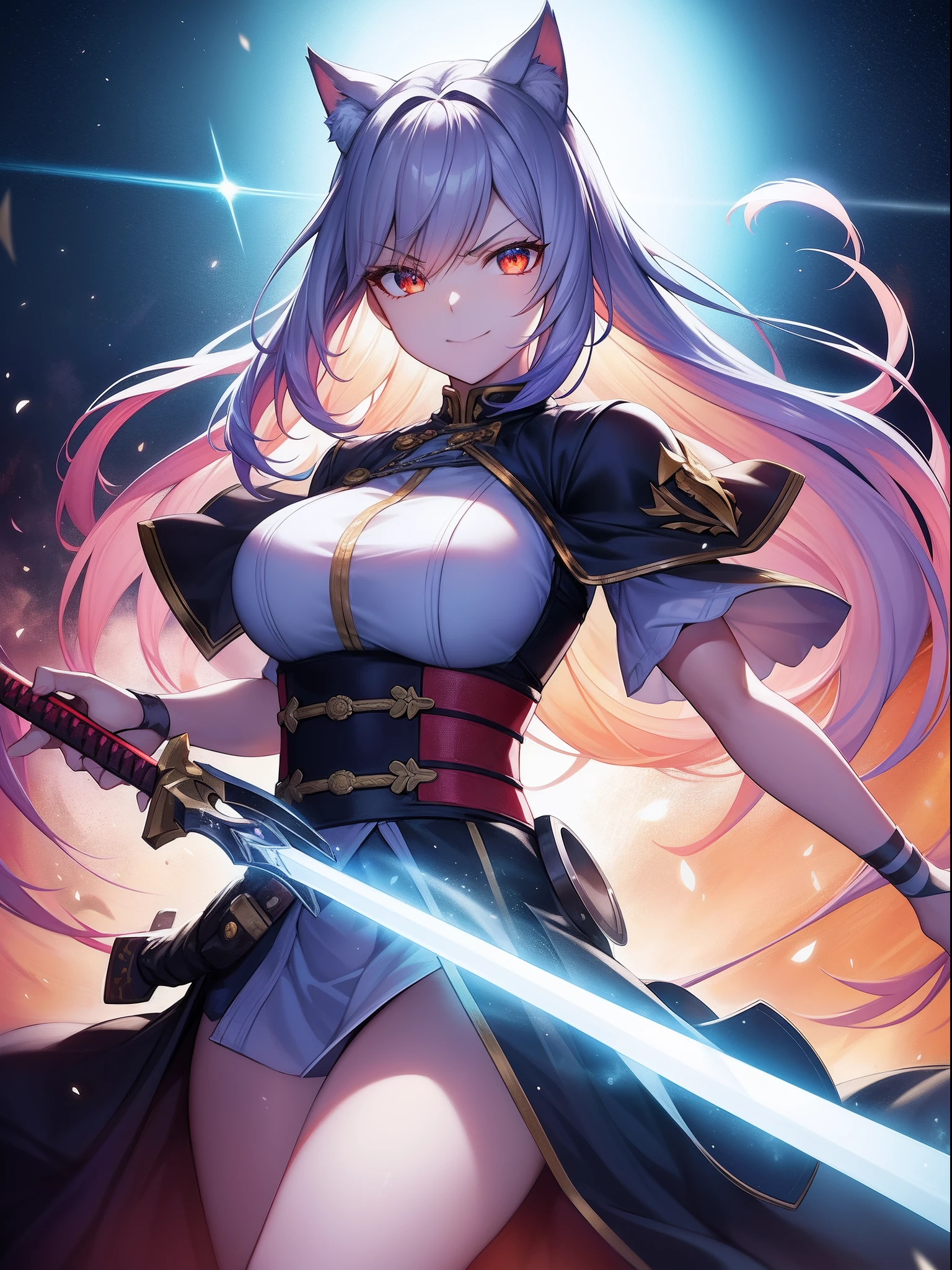 Imaginary,Face Focus, sanpaku, angry, smile,smiling mischievously, A look that came up with a bad thing,Cat's ears,Her hair is orange、Short hairstyle, ,Her skin is pale, A rainbow and a spiral of light enveloped me like a snake in an interstellar wind,holding samurai sword,dual-wielding,Unleash the Blade of Light,Breasts are a great cutting board,She smiles mischievously, She has a gun in the middle, Highest Quality, Carry a blue cloak with war maiden decorations,Raise the railgun, ((sanpaku))((Proud)), 8 Blue Light Sword,Blade of Light,Lens Flare, Big rainbow,The moon shines,Star chips, bloom, ((light glow)), chromatic abberation], Digital Painting, Insane details, Intricate details, Beautifully color graded, Unreal Engine, Cinematic , colour grading, Editorial Photography , Photography, Photo Shot, Shot on 70mm lens, depth of fields, degrees of freedom, Tilt Blur, Shutter Speed 1/1000, h/22