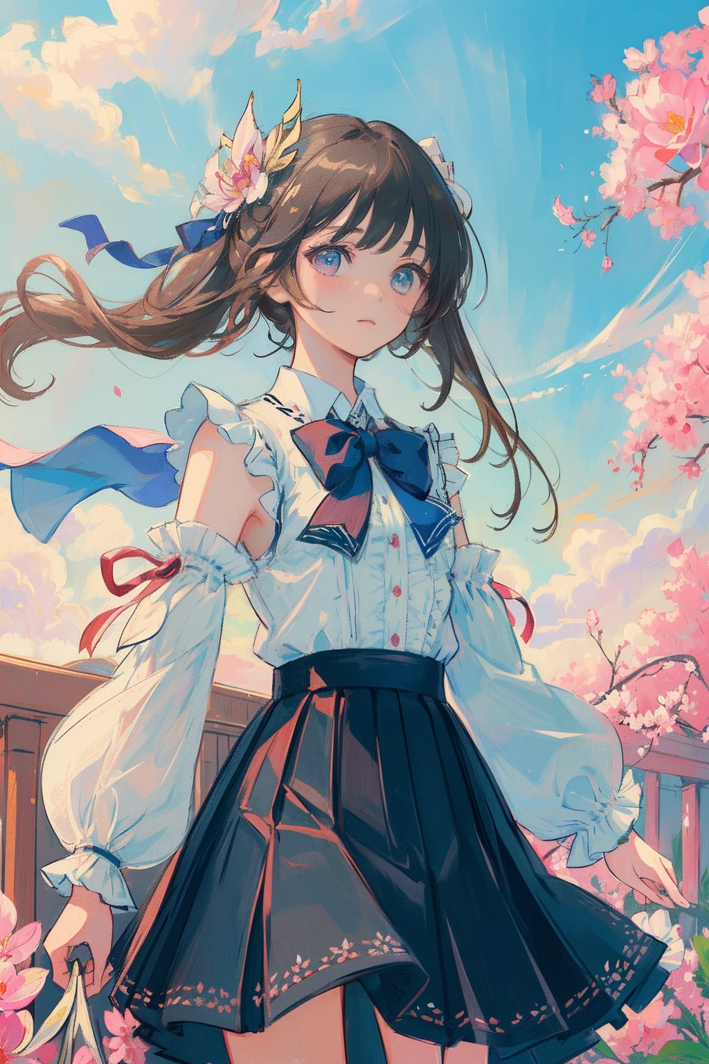 (((masterpiece))), (((best quality))), ((ultra-detailed)), (illustration), (1 girl), (solo), ((an extremely delicate and beautiful)), girl, ((beautiful detailed sky)), beautiful detailed eyes, side blunt bangs, hairs between eyes, ribbons, bowties, buttons, bare shoulders, (small breast), blank stare, pleated skirt, close to viewer, ((breeze)), Flying splashes, Flying petals, wind