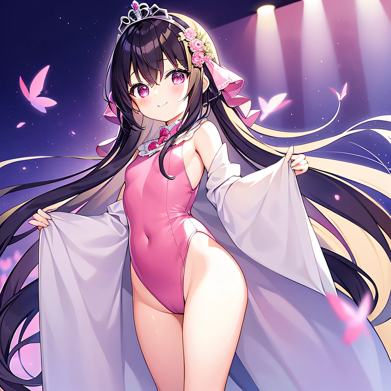 top-quality、extremely delicate and beautiful、Soio、Soio、8-year-old 、japanes、elementary student、A dark-haired、(Pink leotard)、(highleg)dress room、Tiara on the head、A smile、is standing、Facing the front