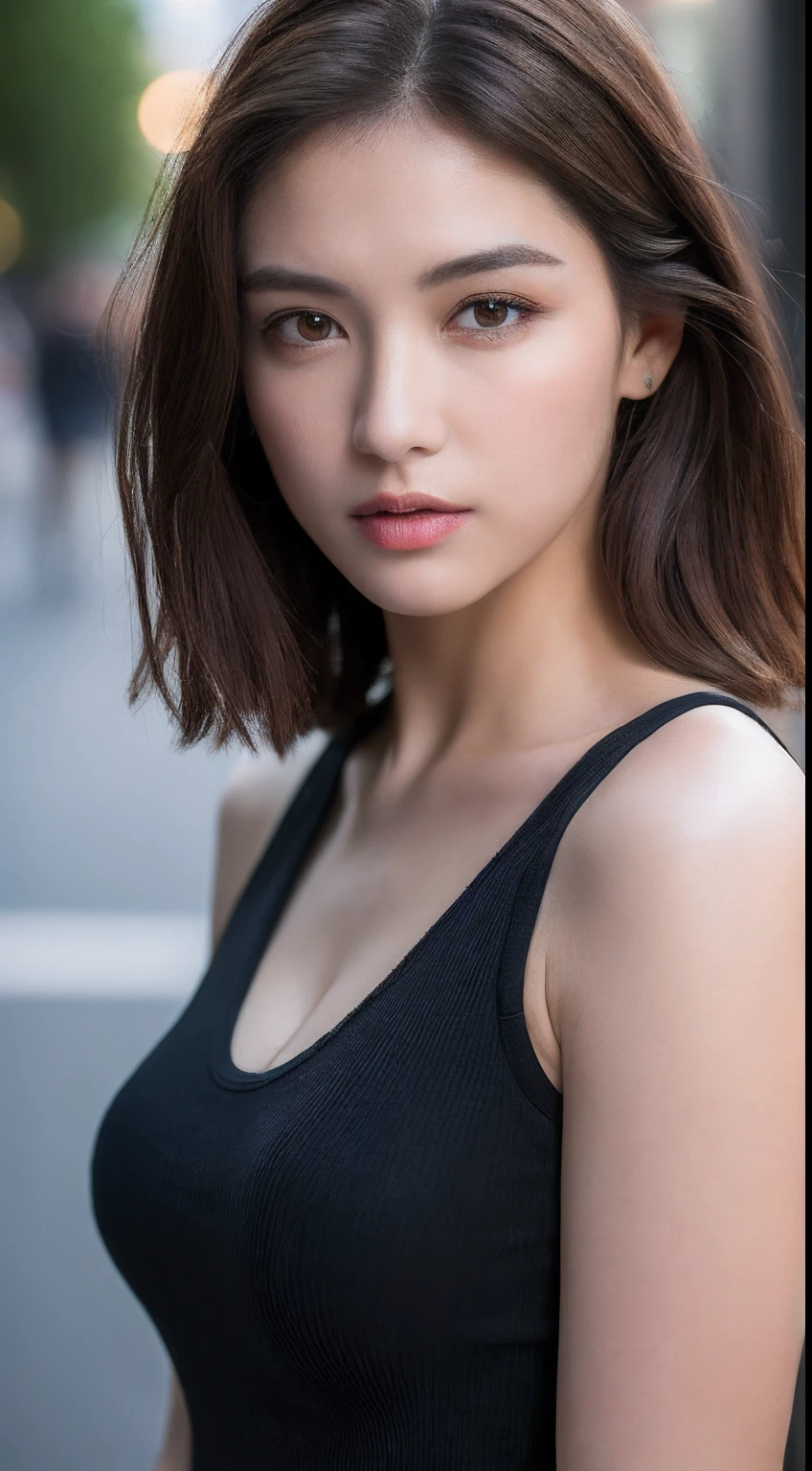 ((Best quality, 8k, Masterpiece :1.3)), Sharp focus :1.2, A pretty woman with perfect figure :1.4, Slender abs :1.2, ((Layered haircut, Big breasts :1.2)), (Tank top shirt :1.1), (Street :1.2), Highly detailed face and skin texture, Detailed eyes, Double eyelid
