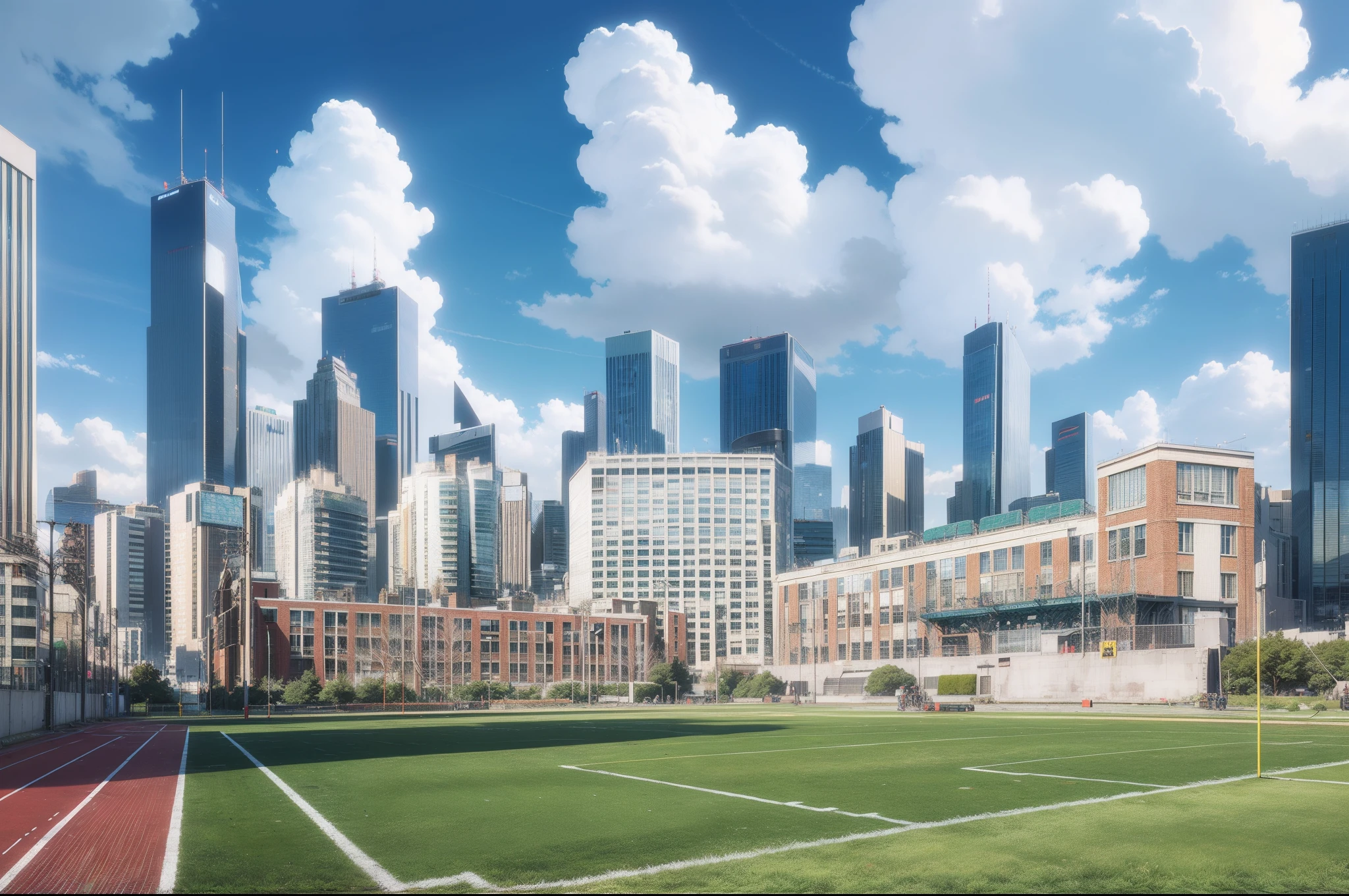 There is a football field in front of the city skyline, anime style cityscape, urban in the background, City in the background, hd anime cityscape, day cityscape, Anime landscape concept art, city on the background, realistic establishing shot, urban in the background, urban backdrop, city in backround, Beautiful cityscape, grass field surrounding the city, detailed wide shot