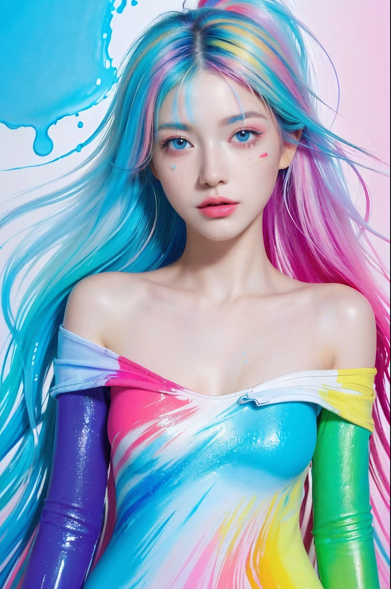 (Pink Fashion T-shirt:1.9),(Colorful hair: 1.8), (all the colours of the rainbow: 1.8),(((((vertical painting:1.6))), (painting:1.6),front, comics, illustrations, paintings, large eyes, crystal clear eyes,( rainbow color gradient high ponytail:1.7), exquisite makeup, closed mouth,(Small Fresh: 1.5),(Wipe Chest: 1.6) ,long eyelashes, white off shoulder T-shirt, White Shoulder Shirt,looking at the audience, large watery eyes, (rainbow colored hair:1.6), color splash, (solo:1.8), color splash, color explosion, thick paint style, messy lines, ((shining)),(colorful), (colorful), (colorful), colorful, Thick Paint Style, (Splash) (Color Splash), Vertical Painting, Upper Body, Paint Splash, Acrylic Pigment, Gradient, Paint, Highest Image Quality, Highest Quality, Masterpiece, Solo, Depth of Field, Face Paint, colorful clothes, (Elegant: 1.2), gorgeous,long hair, wind, (Elegant: 1.3), (Petals: 1.4),(((masterpiece))),(((best quality))),((ultra-detailed)),(illustration),(dynamic angle),((floating)),(paint),((disheveled hair)),(solo),(1girl) , (((detailed anima face))),((beautiful detailed face)),collar,bare shoulders,white hair, ((colorful hair)),((streaked hair)),beautiful detailed eyes,(Gradient color eyes),(((colorful eyes))),(((colorful background))),(((high saturation))),(((surrounded by colorful splashes))),