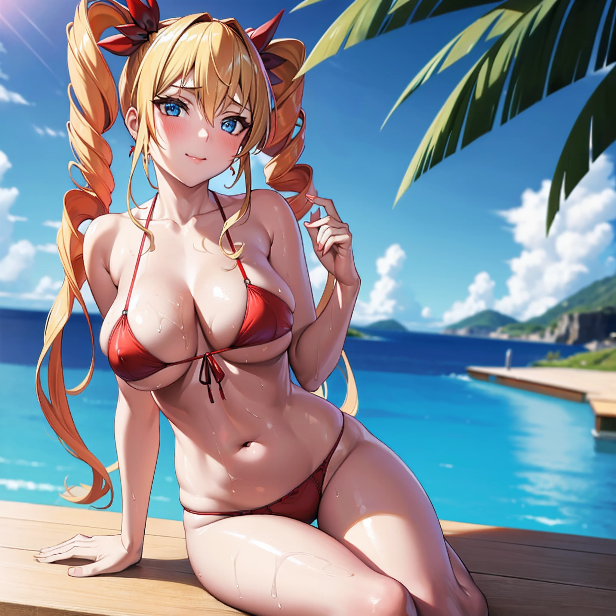 Masterpiece, best quality, highres, highly detailed, 1 girl, long blonde hair, blue eyes, no twintails hair, large breast, red bikini, red bra, red panties, she wet, nipple perked out from under bikini, outdoor, sitting by the pool,